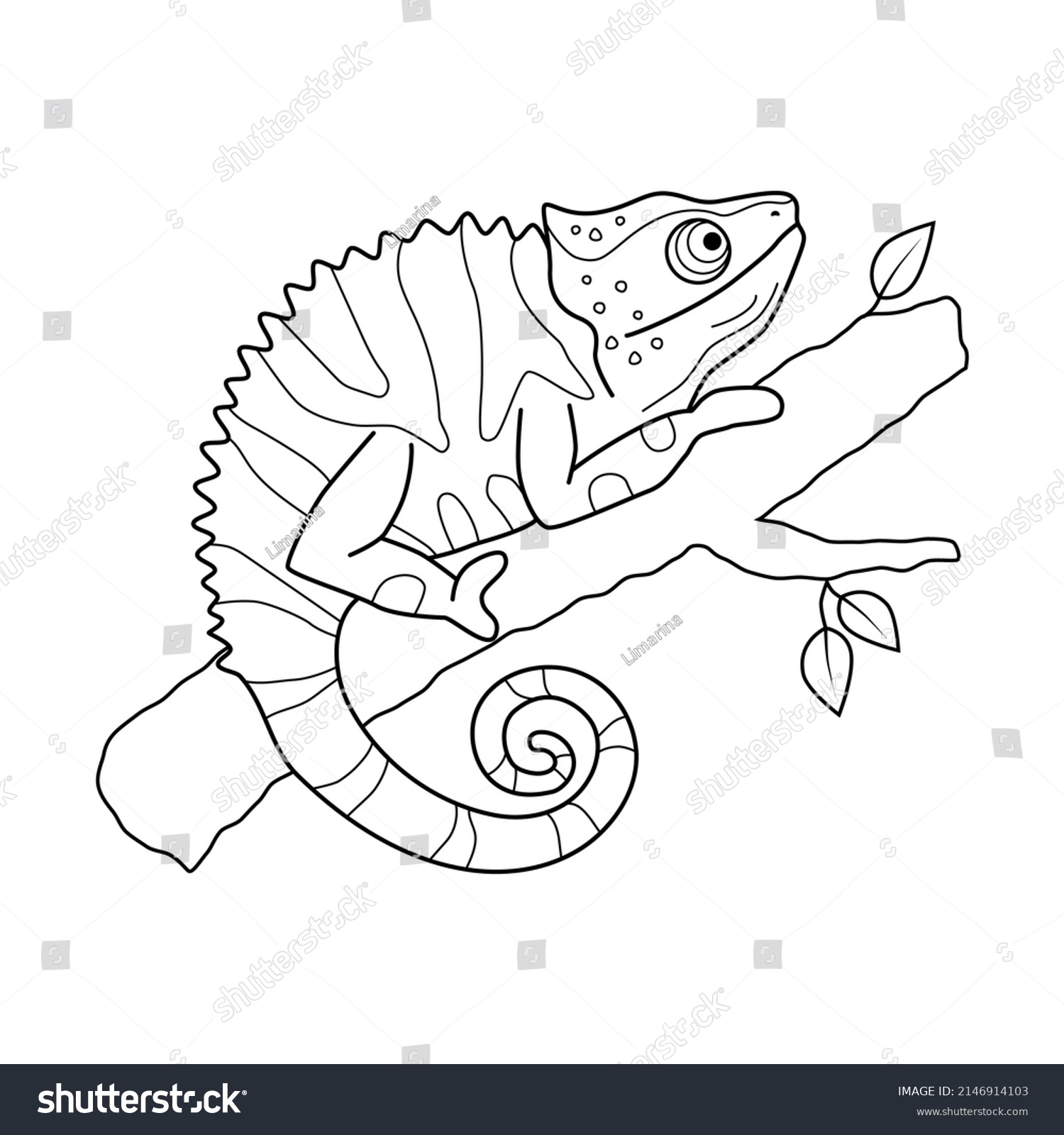 SVG of Chameleon on a tree branch black and white contour hand drawn illustration on white background svg