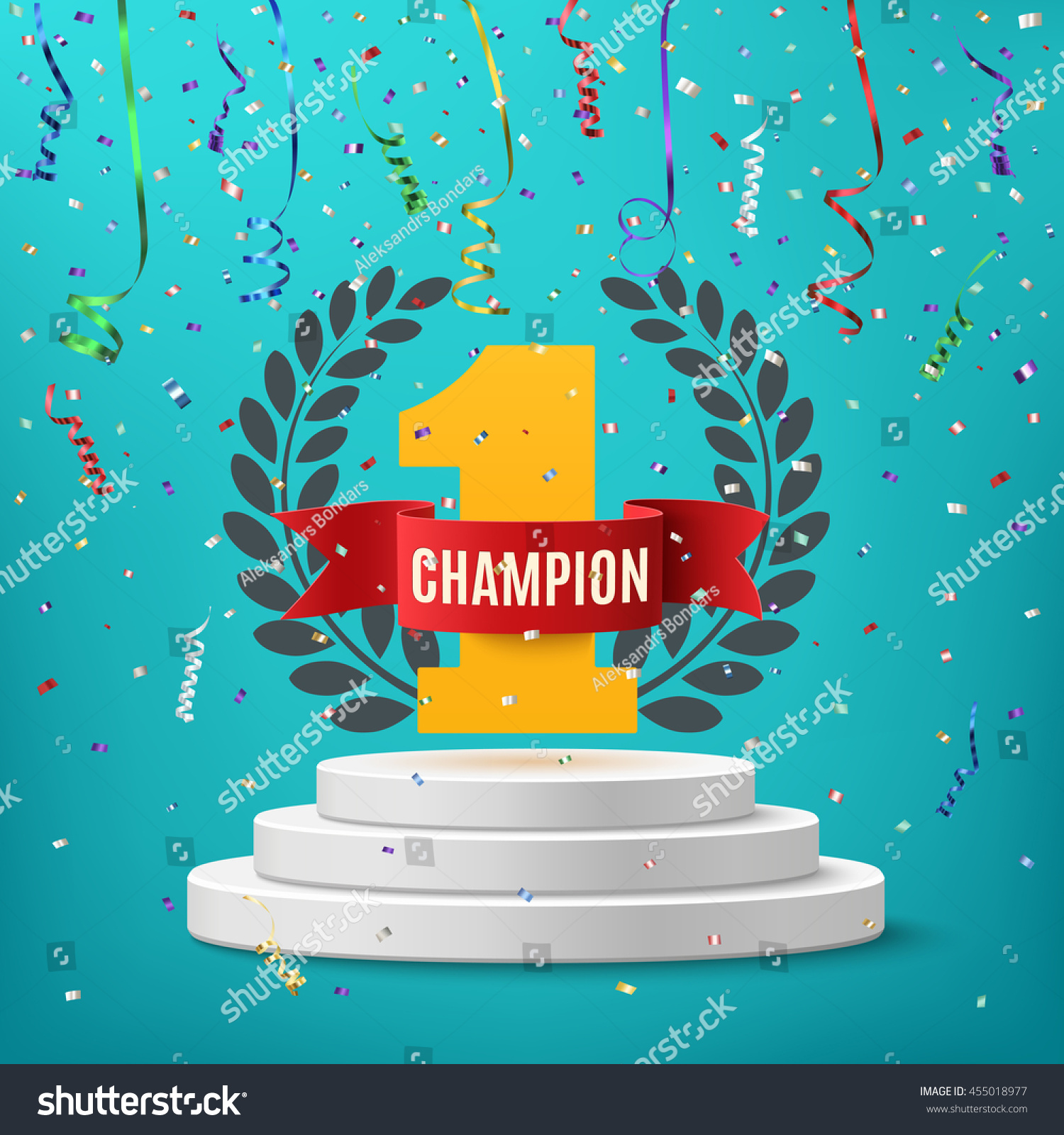 SVG of Champion, winner, number one background with red ribbon, olive branch  and confetti on round pedestal isolated on blue. Poster or brochure template. Vector illustration. svg