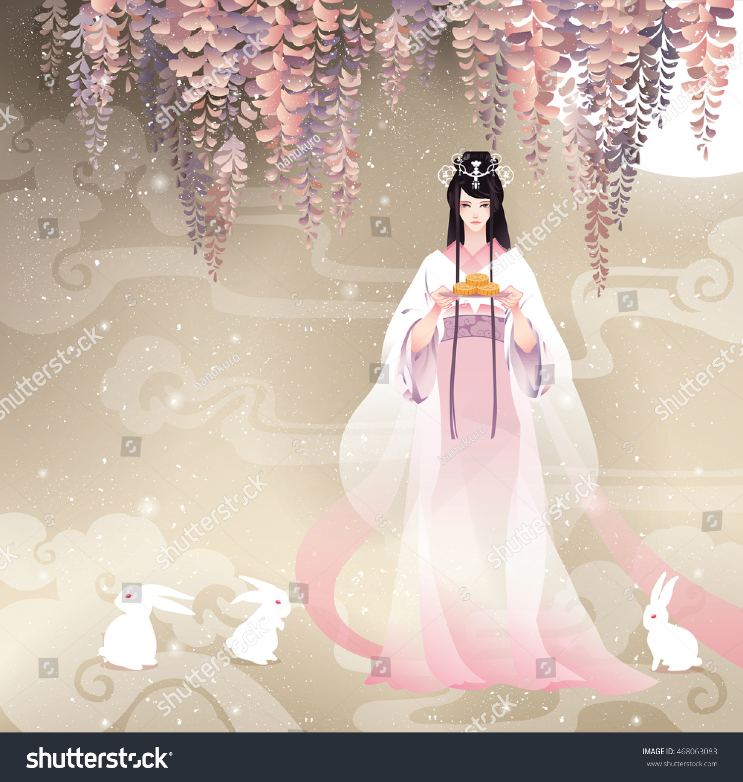 SVG of Chang'e, the Chinese Goddess of Moon with moon cake. Vector illustration cartoon mid autumn festival. Golden brown background, white  rabbits, wisteria flower waterfall. Watercolor style. svg