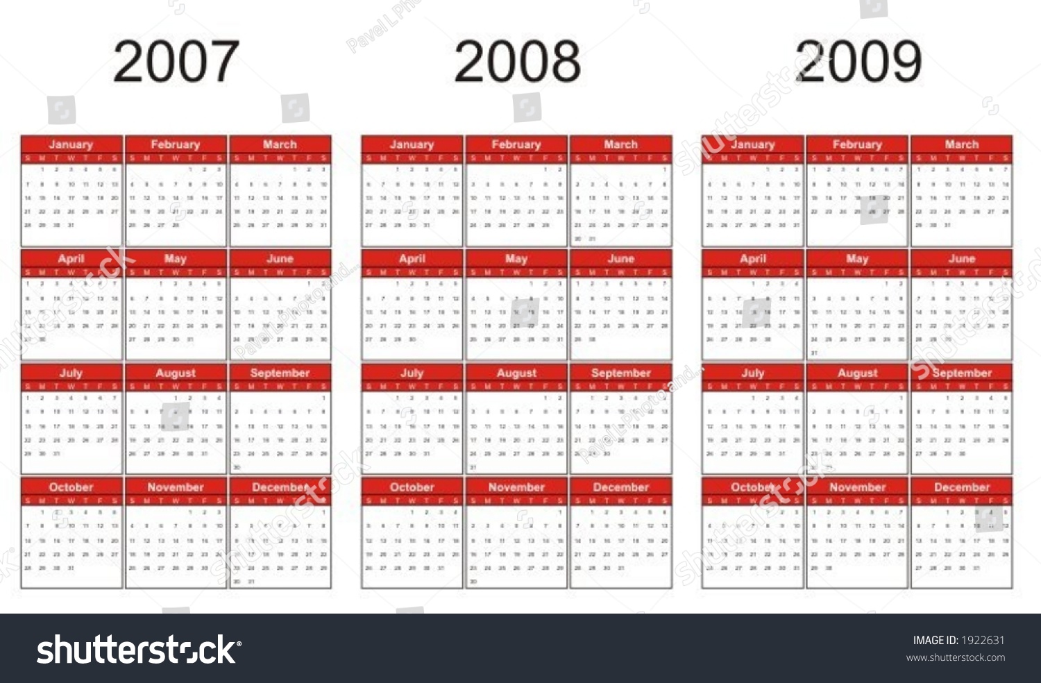 Changable Calendar For Next Three Years Stock Vector Illustration
