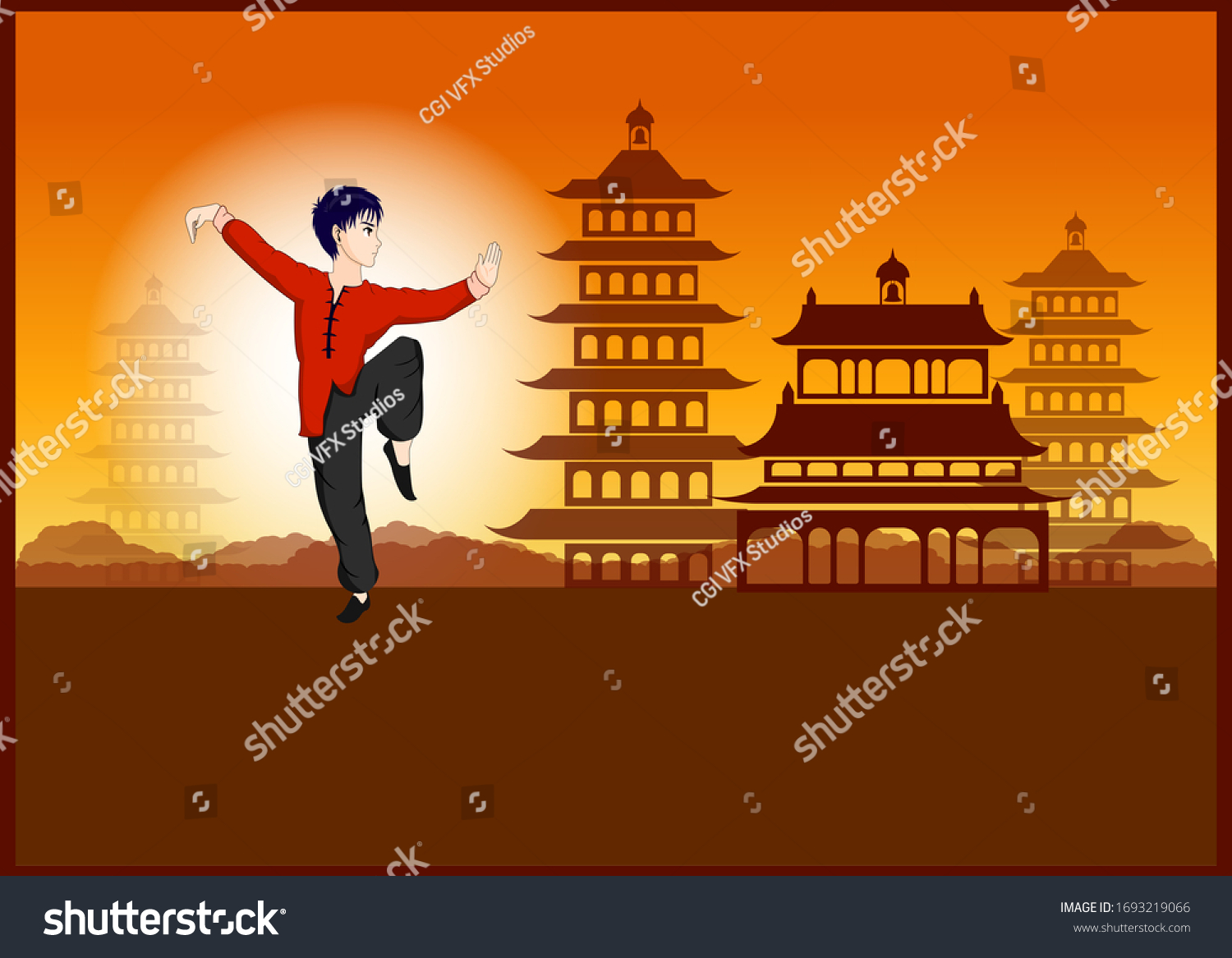 背景にカンフーポーズのキャラクターと中国の寺のシルエットベクターイラスト 編集可能なアートワーク のベクター画像素材 ロイヤリティフリー