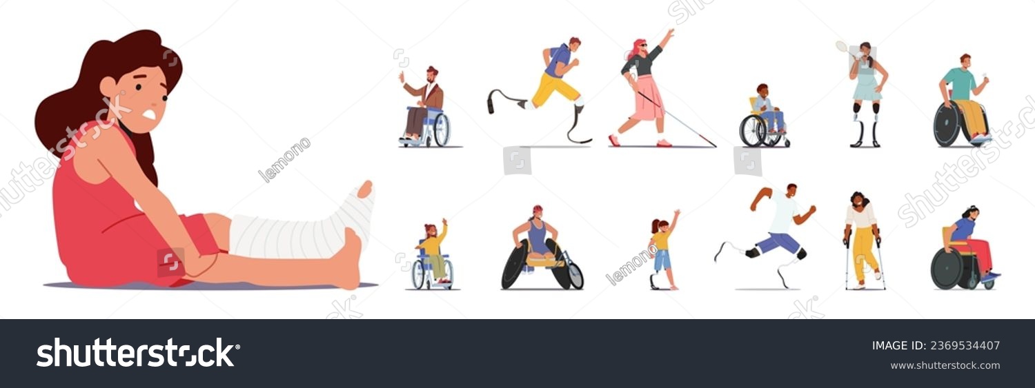 SVG of Character With Disabilities, Men and Women with Physical, Sensory, Cognitive, Or Emotional Impairments, Requiring Accommodation For Equal Participation In Society. Cartoon People Vector Illustration svg