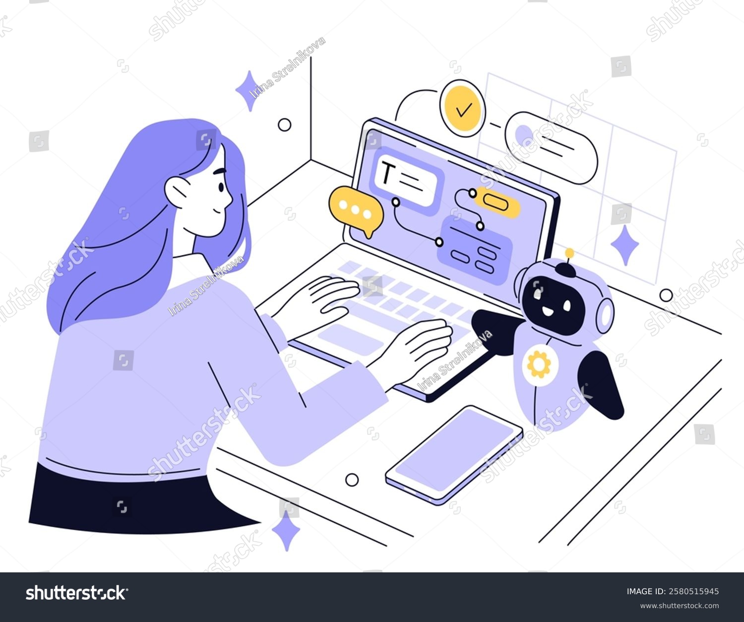 woman working with robot on laptop clip art preview