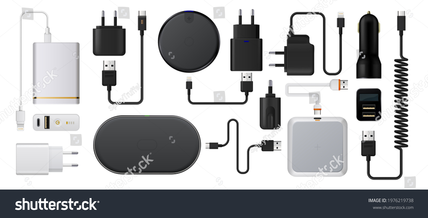 SVG of Charge smartphone. Realistic wireless charger. 3D energy battery refuels. Plug socket with USB cords. Auto charging adaptor. Isolated devices for mobile. Vector digital accessories set svg