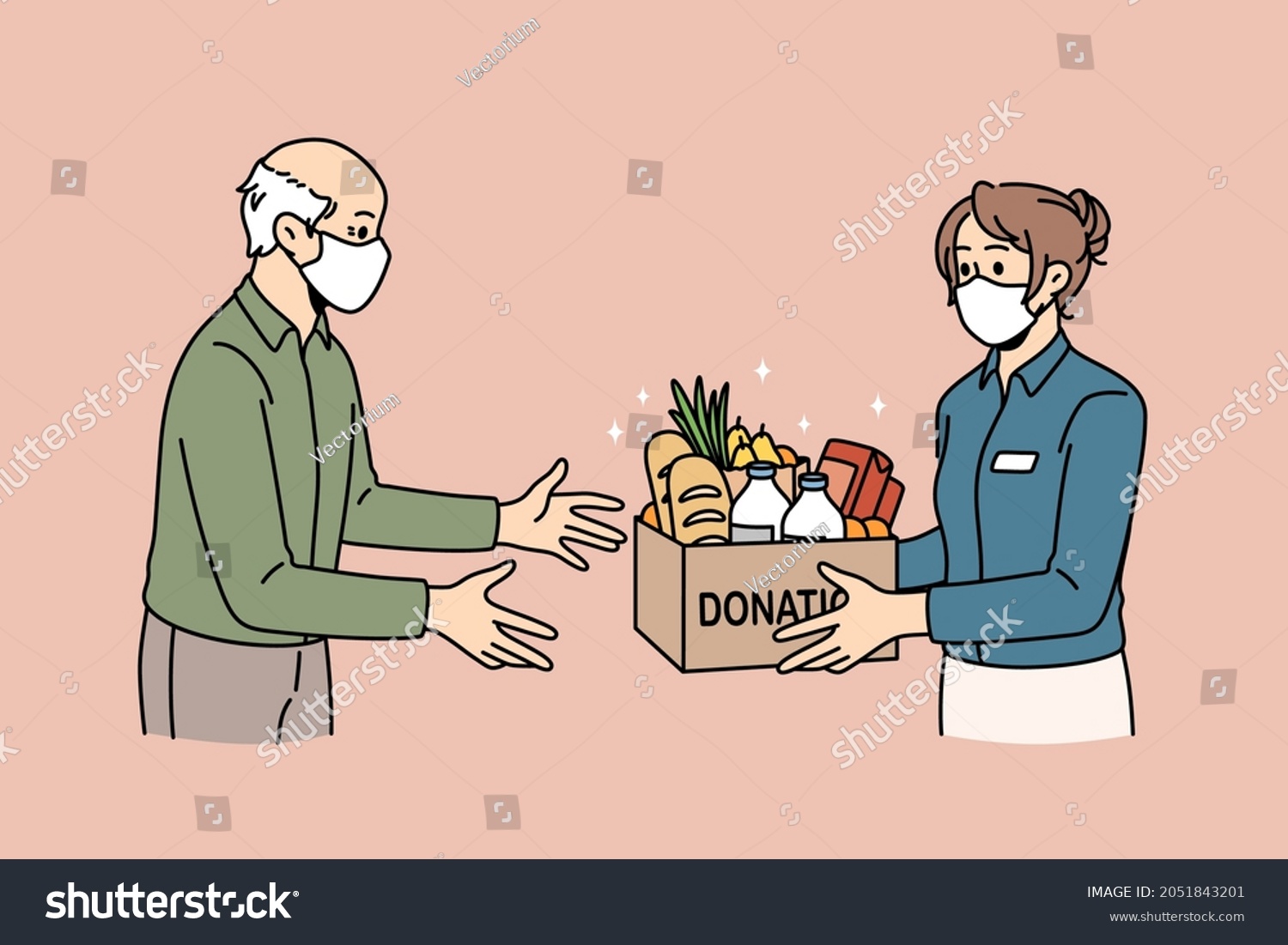 SVG of Charity and donating food concept. Young woman volunteer in medical protective mask giving Box with donation word full of products food for elderly man vector illustration  svg