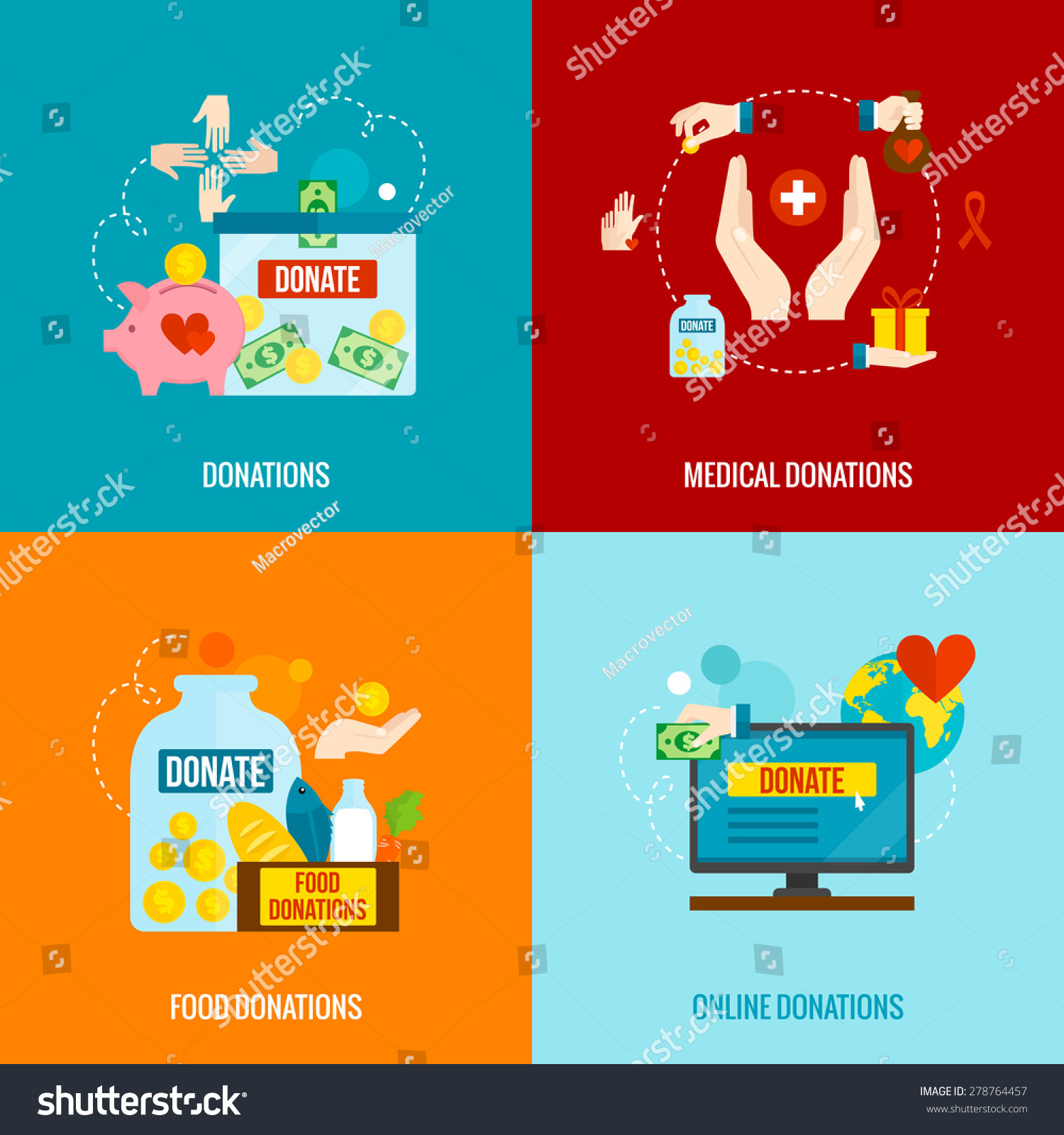 Charity Design Concept Set With Food And Medical Donations Flat Icons