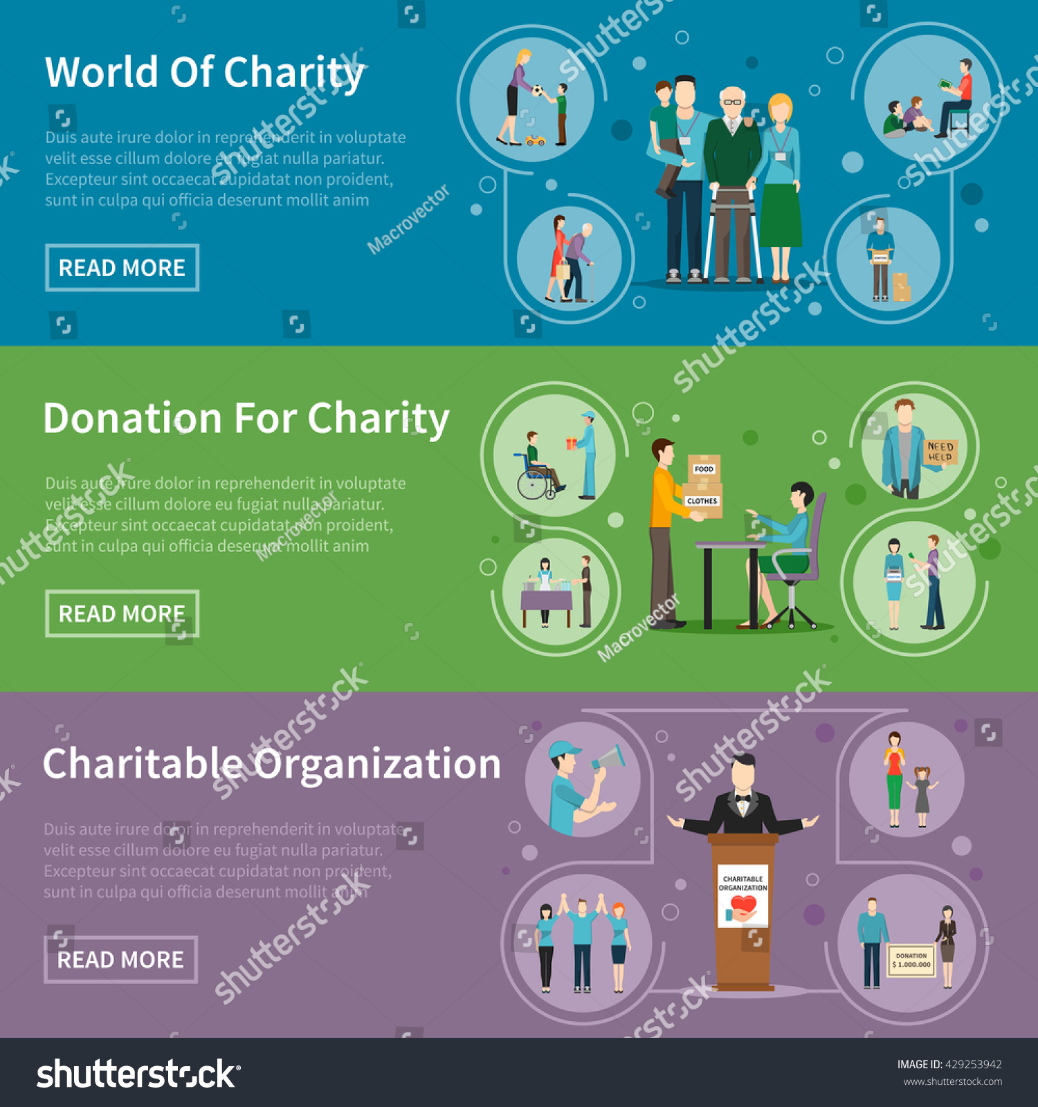 SVG of Charity donation flat banners with charitable organizations and volunteers helping needy people vector illustration svg