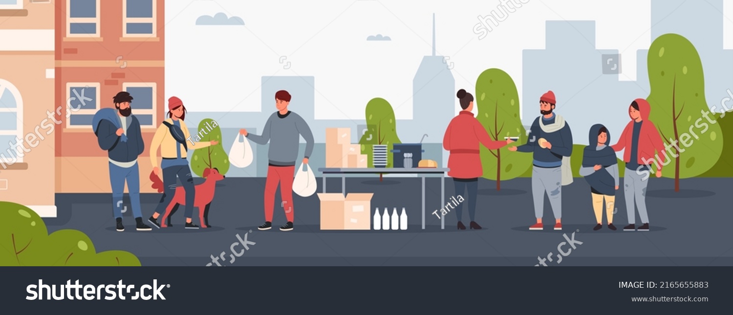 SVG of Charity for homeless. Cartoon humanitarian help and support for poor people, social charity and volunteer community concept. Vector refectory illustration. Activists giving packages with food svg