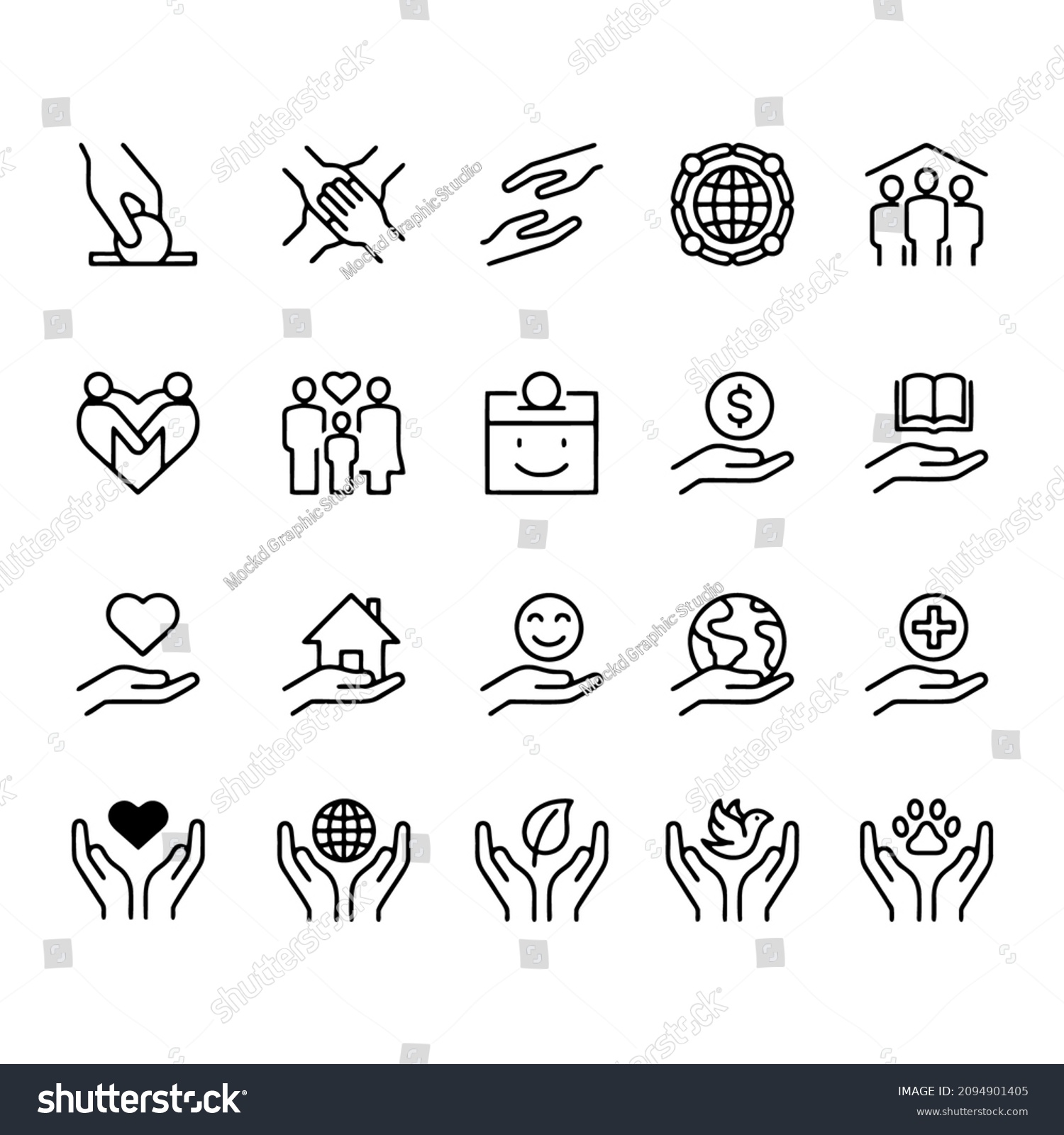 Charity Volunteersympathy Helping Icon Set Thin Stock Vector (Royalty ...