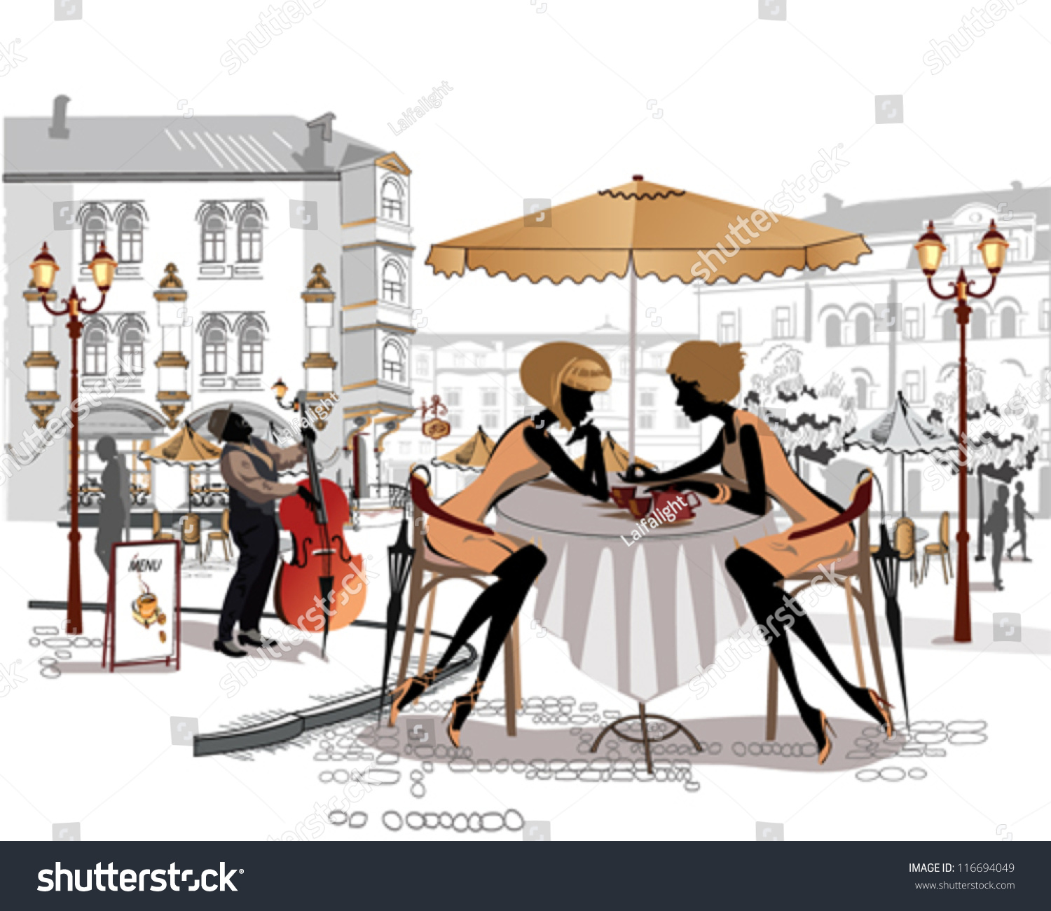 Chatting Girls Musician Street Cafe Old Stock Vector 116694049 ...