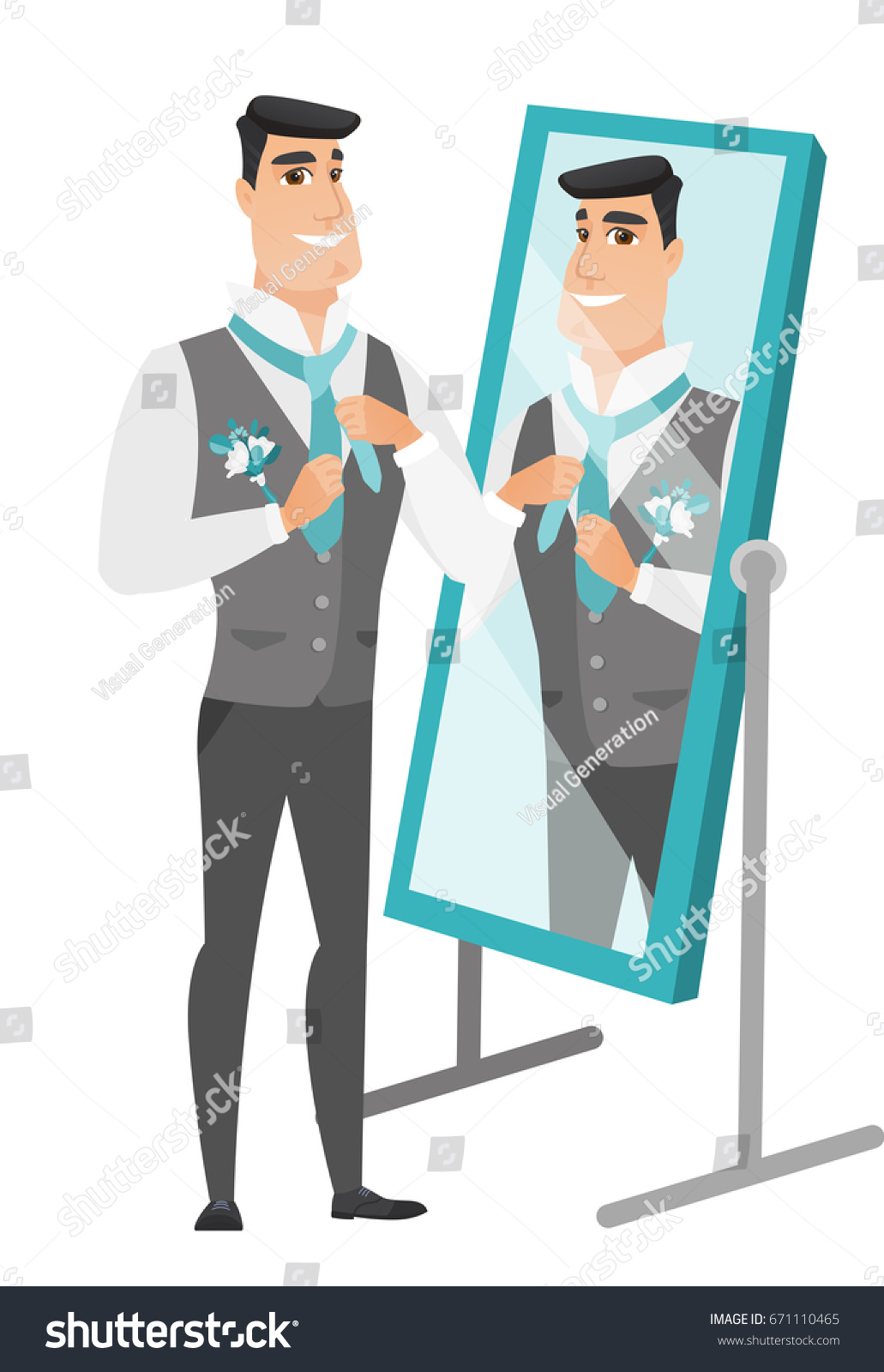 SVG of Cheerful caucasian groom has a final preparation before the wedding in front of the mirror. Groom looking in the mirror and adjusting tie. Vector flat design illustration isolated on white background. svg