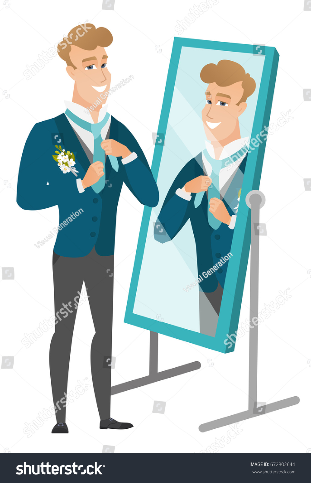 SVG of Cheerful caucasian groom has a final preparation before the wedding in front of the mirror. Groom looking in the mirror and adjusting tie. Vector flat design illustration isolated on white background. svg