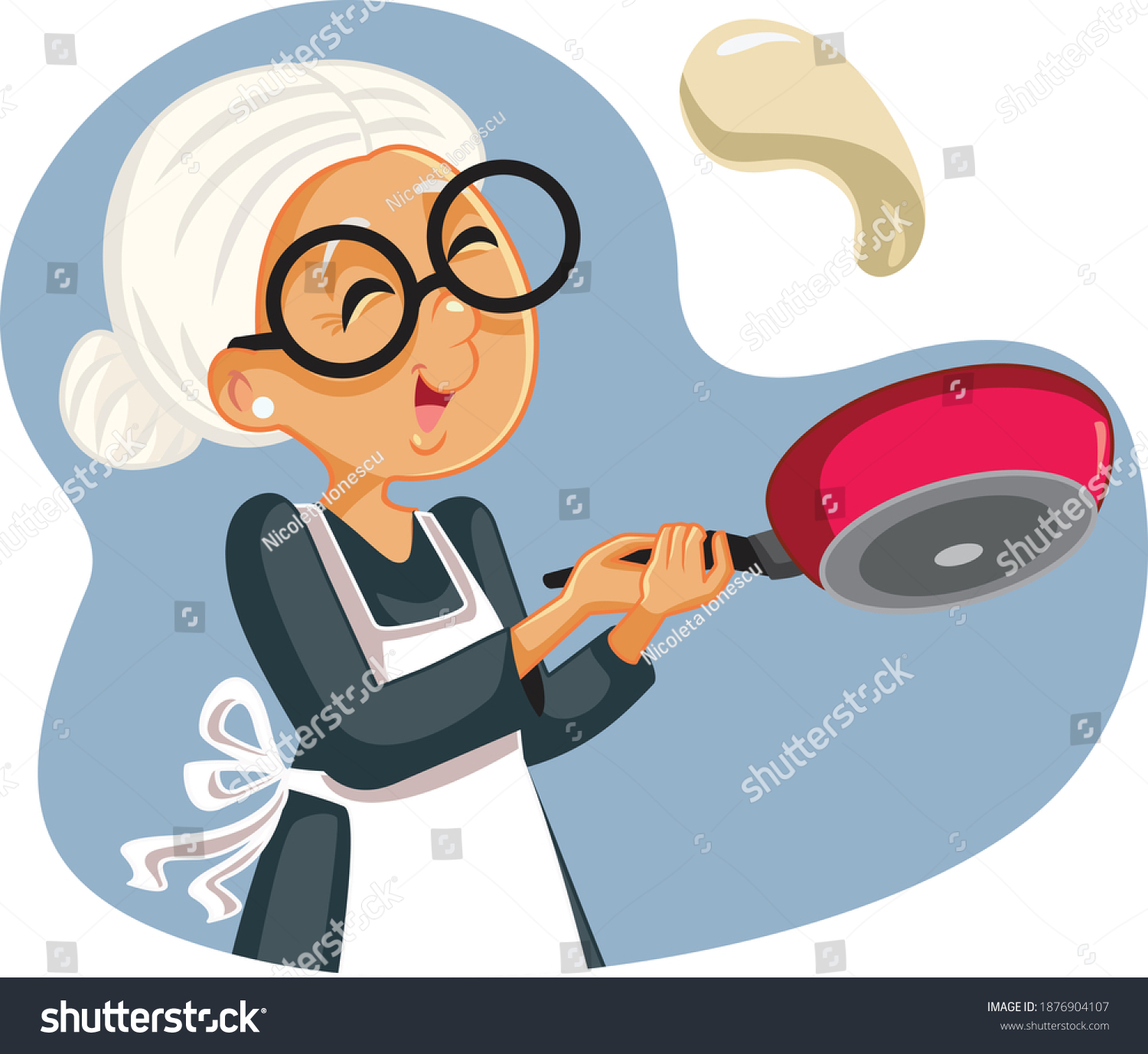 SVG of Cheerful Grandmother Flipping Pancakes for Breakfast. Senior woman cooking dessert meal with special recipe 
 svg