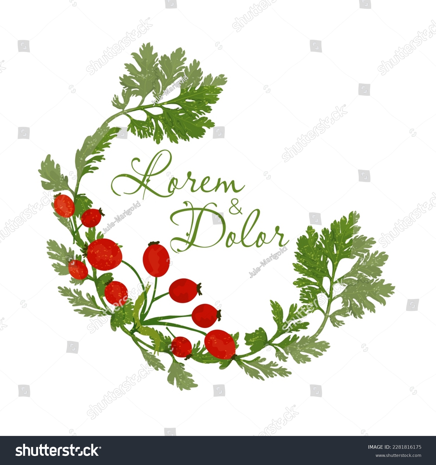 SVG of Cheerful half-wreath with colorful daisy leaves and dog rose fruits. The composition is covered with a snow-like texture. svg