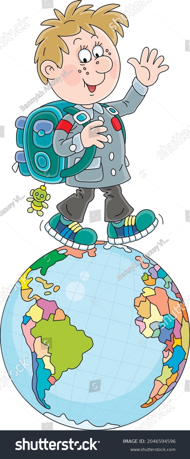 recommend clip art: Cheerful schoolboy with his satchel waving his hand in greeting and walking on a spinning globe, vector cartoon illustration isolated on a white background