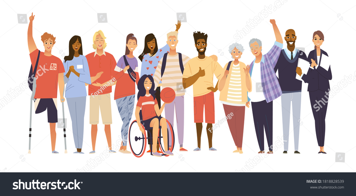 SVG of Cheering multiracial crowd of people. Happy fans are cheering for their team. A group of people supports athletes. Friends are support disabled basketball team. Girl with the ball in wheelchair surrou svg
