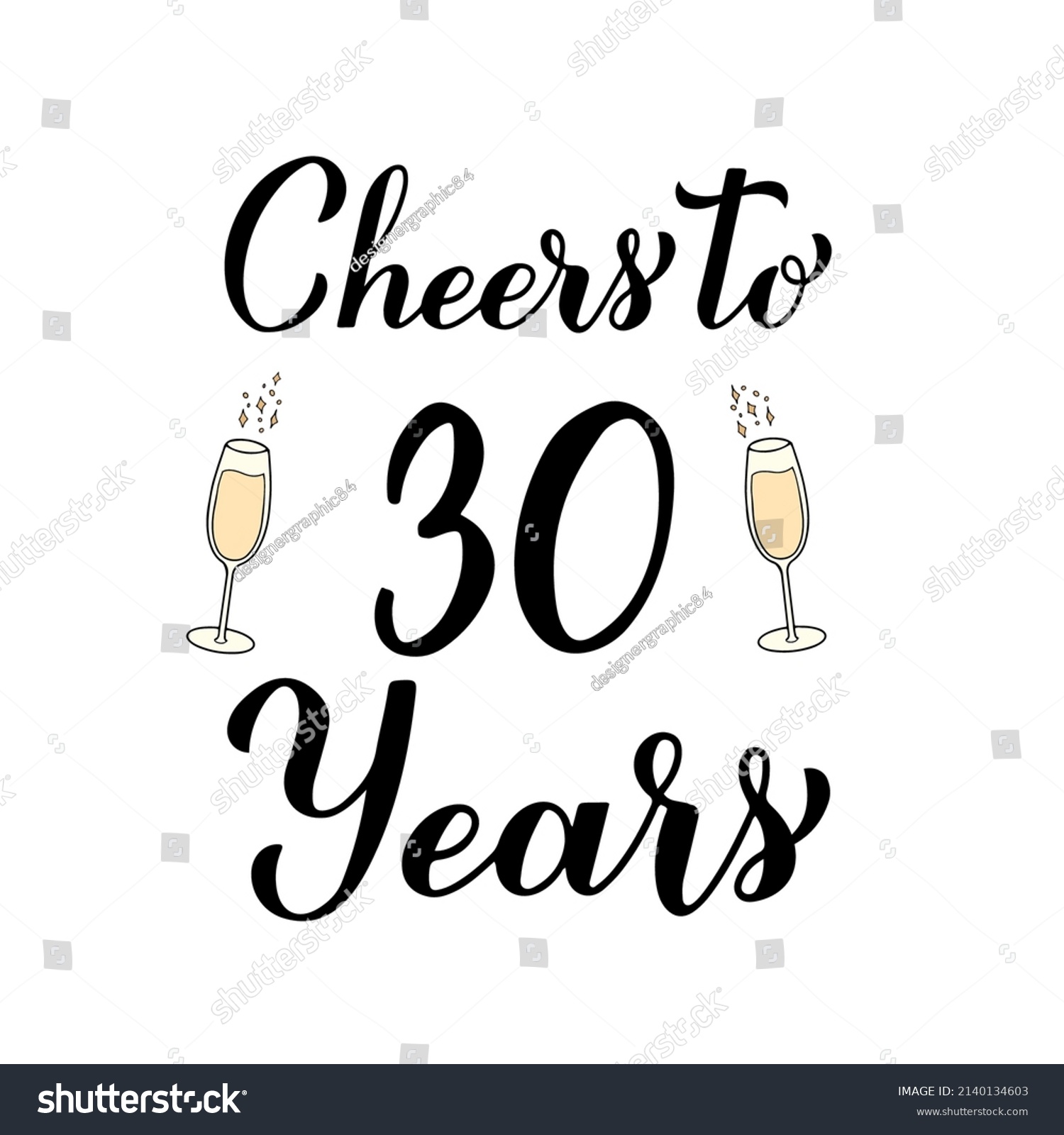 SVG of Cheers to 30 years calligraphy hand lettering with glasses of champagne. 30th Birthday or Anniversary celebration poster. Vector template for greeting card, banner, invitation, poster, sticker, etc. svg
