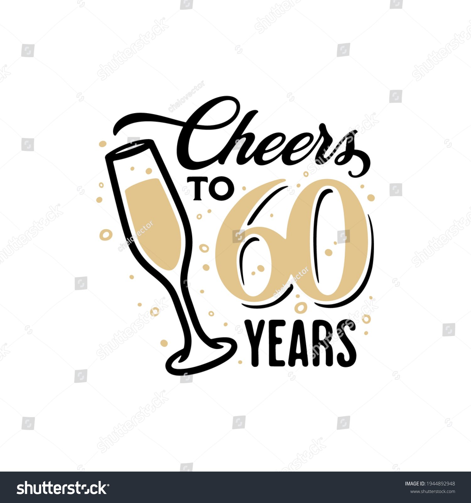 SVG of Cheers to 60 years lettering sign. Glass of champagne with bubbles and golden numbers. Anniversary typography composition. Vector vintage illustration. svg
