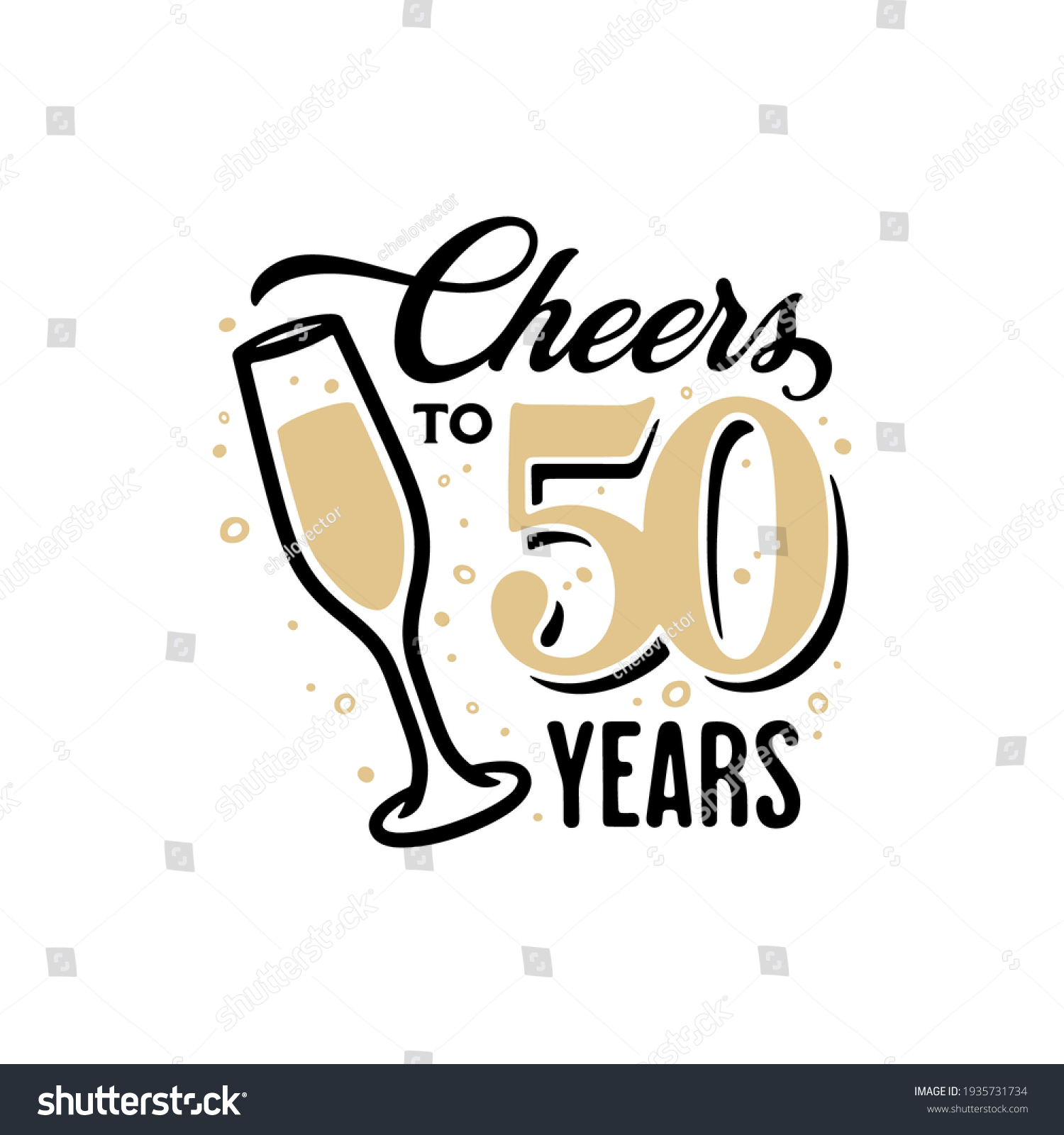 SVG of Cheers to 50 years lettering sign. Glass of shampagne with bubbles and golden numbers. Anniversary typography composition. Vector vintage illustration. svg