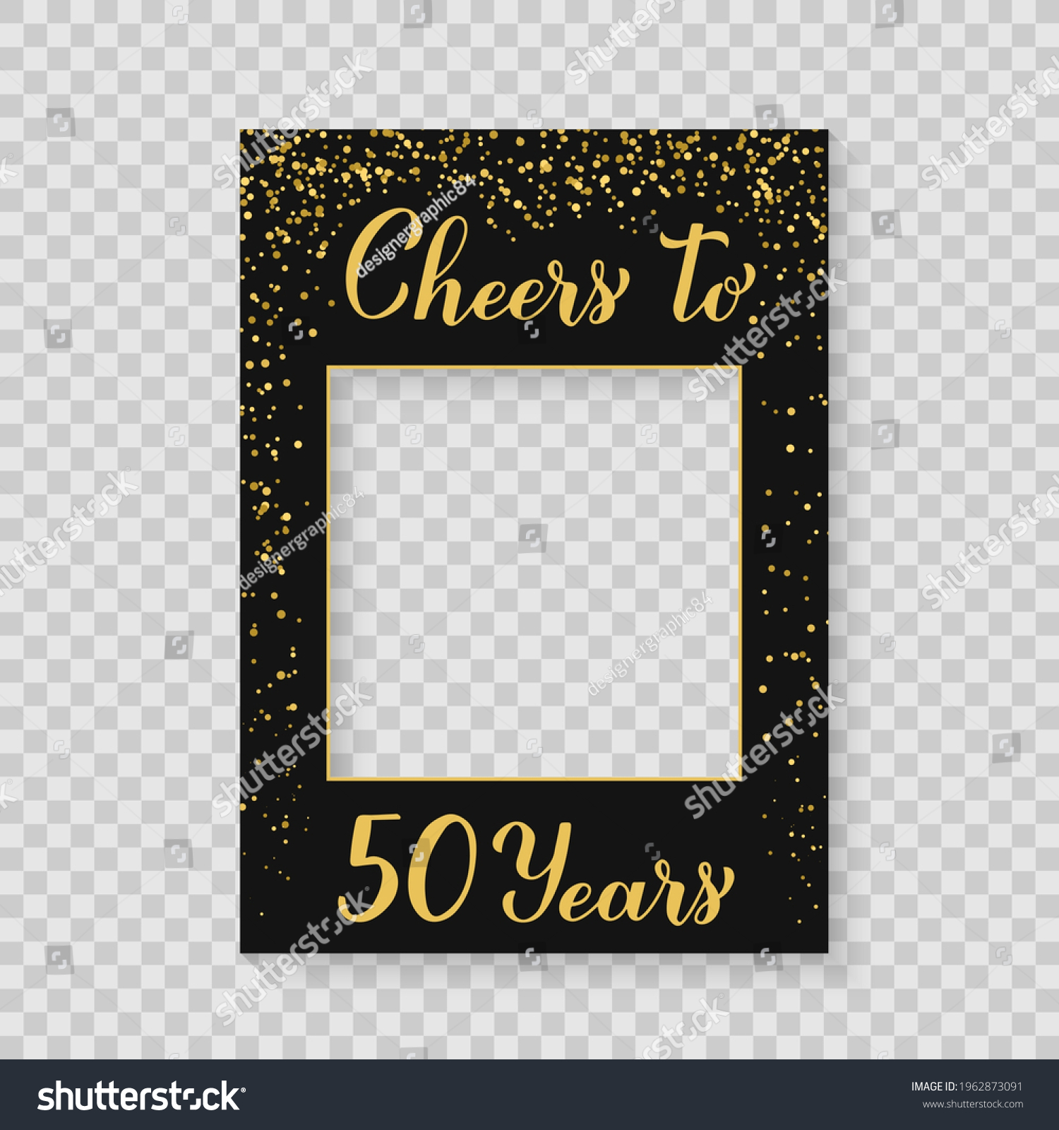 SVG of Cheers to 50 Years photo booth frame on a transparent background. 50th Birthday or anniversary photobooth props. Black and gold confetti party decorations. Vector template.  svg