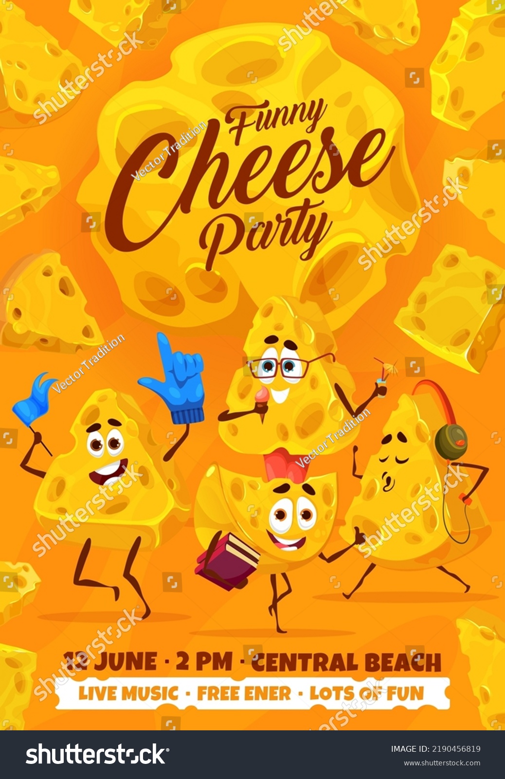 SVG of Cheese party flyer, cartoon maasdam and gouda cheese characters. Vector invitation poster with funny dairy food personages with books, microphone, headset and fan glove. Live music party svg