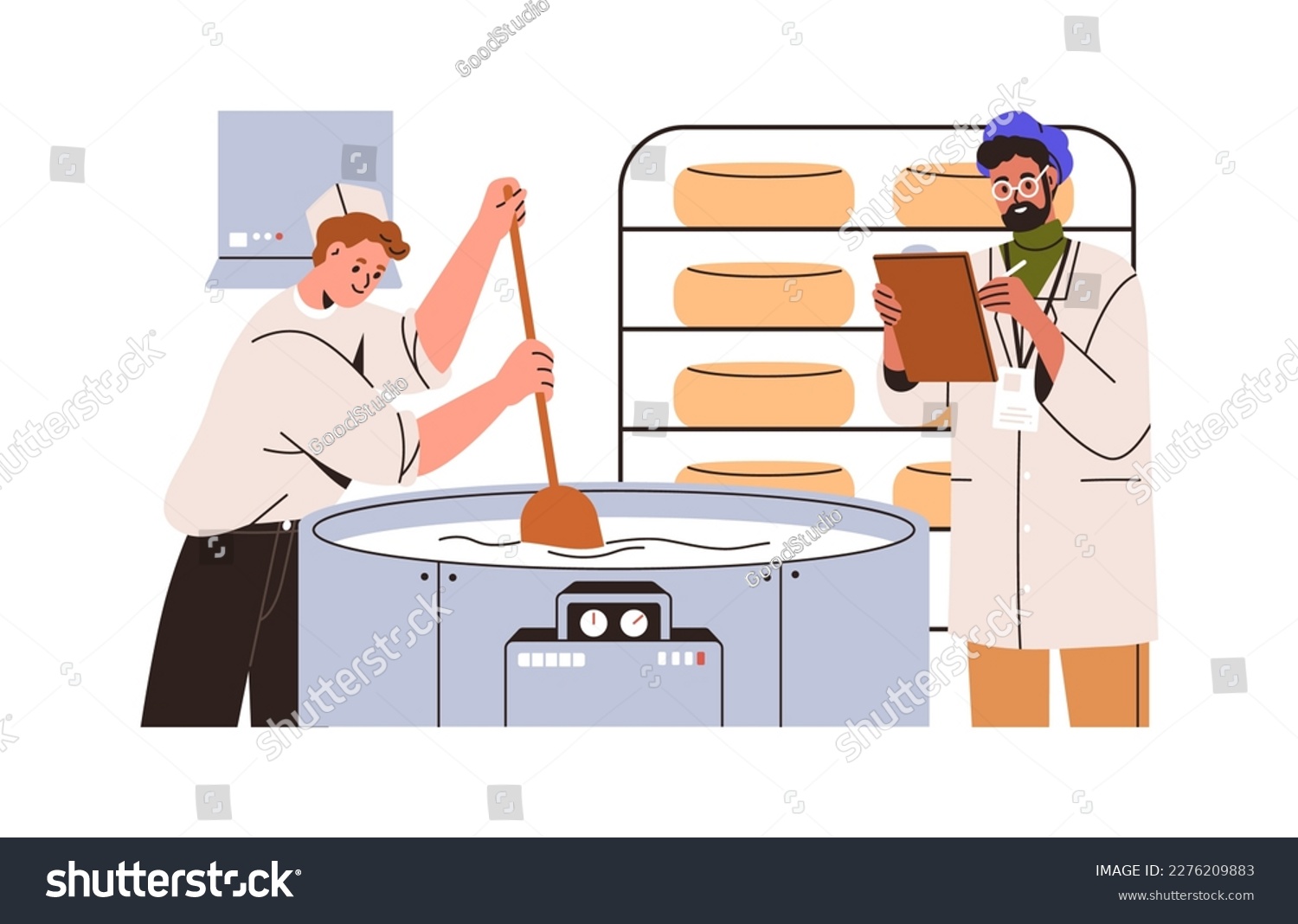 SVG of Cheesemaker making cheese. Food maker during dairy product production, manufacture. Professional cheesemonger at creamery factory, plant. Flat vector illustration isolated on white background svg