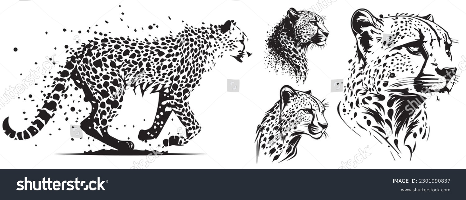 SVG of Cheetah heads black and white vector. Silhouette svg shapes of cheetah illustration. svg