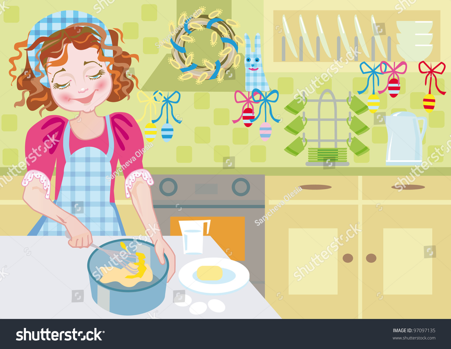 Chef Girl In Kitchen Making Easter Cake Stock Vector Illustration ...