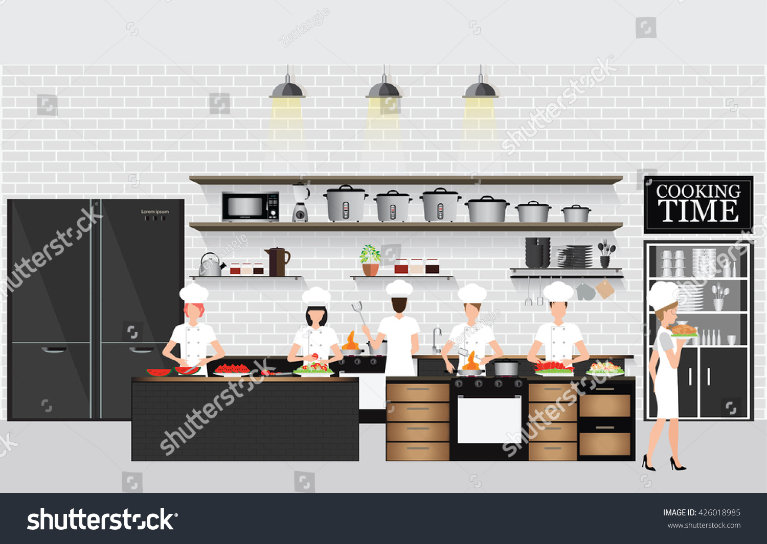 Restaurant Kitchen Illustration chefs cooking table restaurant kitchen interior stock vector Restaurant Kitchen Illustration chefs cooking table restaurant kitchen interior stock vector