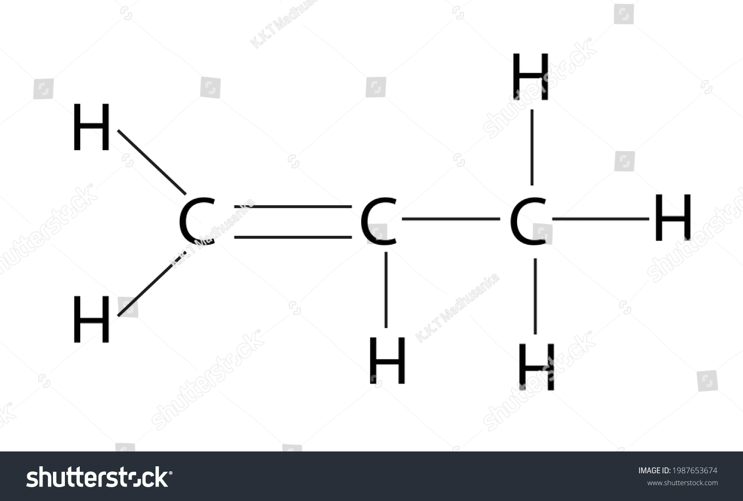 SVG of Chemistry illustration of 1- Propene molecule, propylene or methyl ethylene, is an unsaturated organic compound with the chemical formula, C3H5Cl, hydrocarbon svg