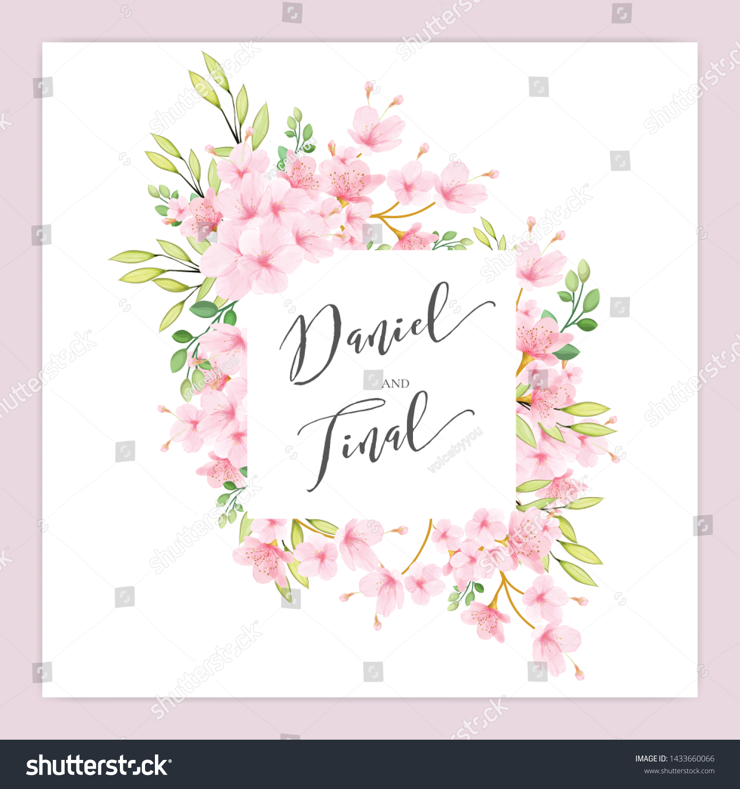 Cherry Blossom Wedding Invitation Card Template Stock Vector (Royalty