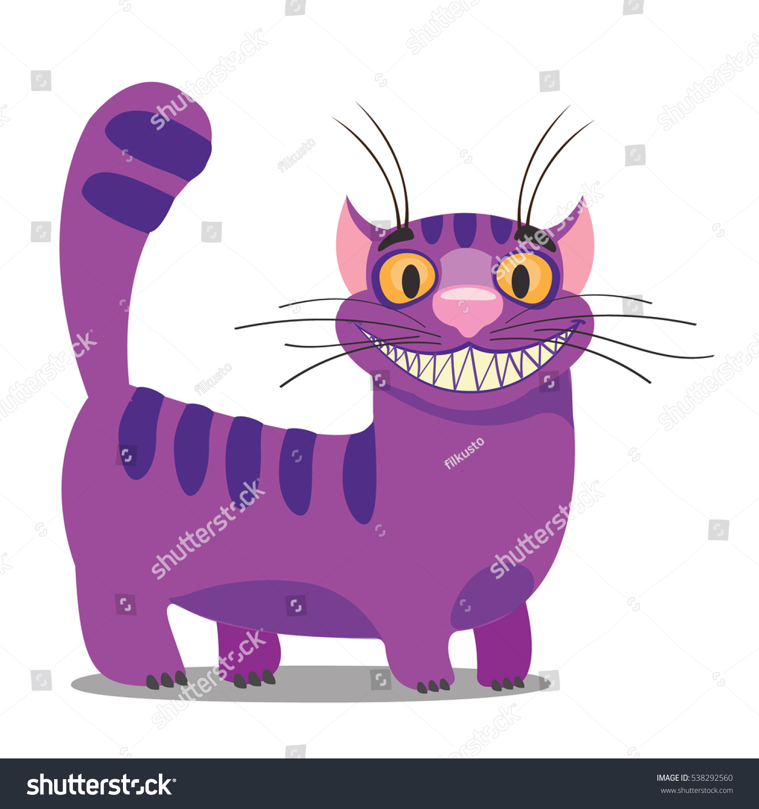 SVG of Cheshire Cat. Illustration to the fairy tale Alice's Adventures in Wonderland. Purple cat with a big smile standing. svg