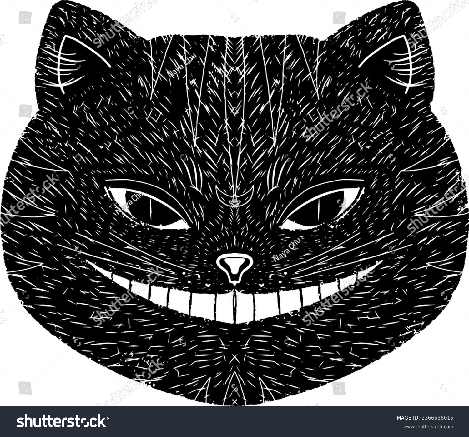 SVG of Cheshire cat, smiling cat face. Graphics, linocut. Vector texture black element. svg