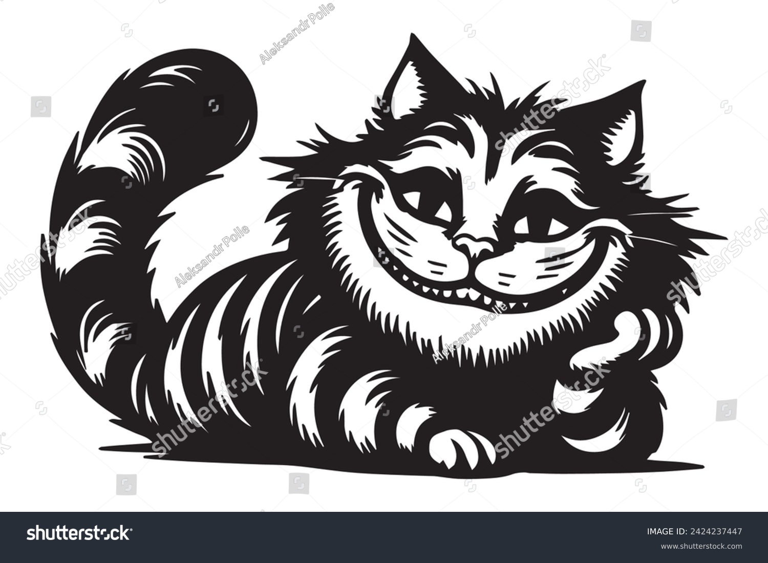 SVG of Cheshire cat with a wide smile vector drawing, black silhouette on a transparent background, cartoon print for stencil svg