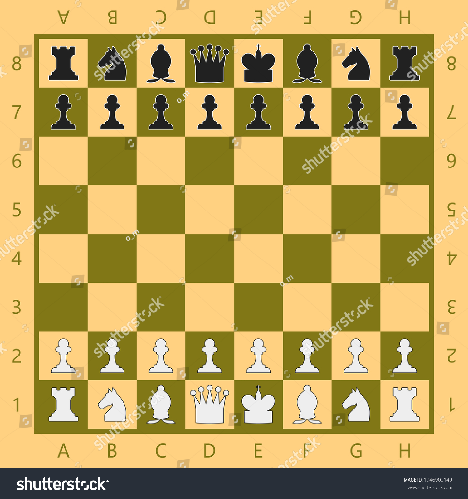 SVG of Chess board with pieces. The position corresponds to the beginning of the game. Vector isolated. All elements are grouped and can easily be changed. svg