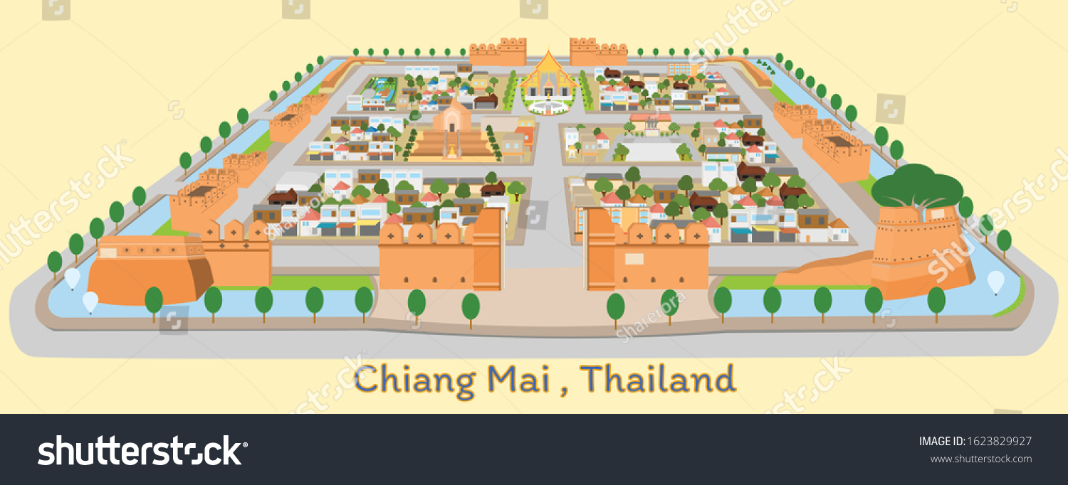 SVG of Chiang mai city in Thailand. Vector illustrations. Most Iconic Landmarks in Chaing mai old city area.The Old City Moat and wall in Chiang Mai. svg