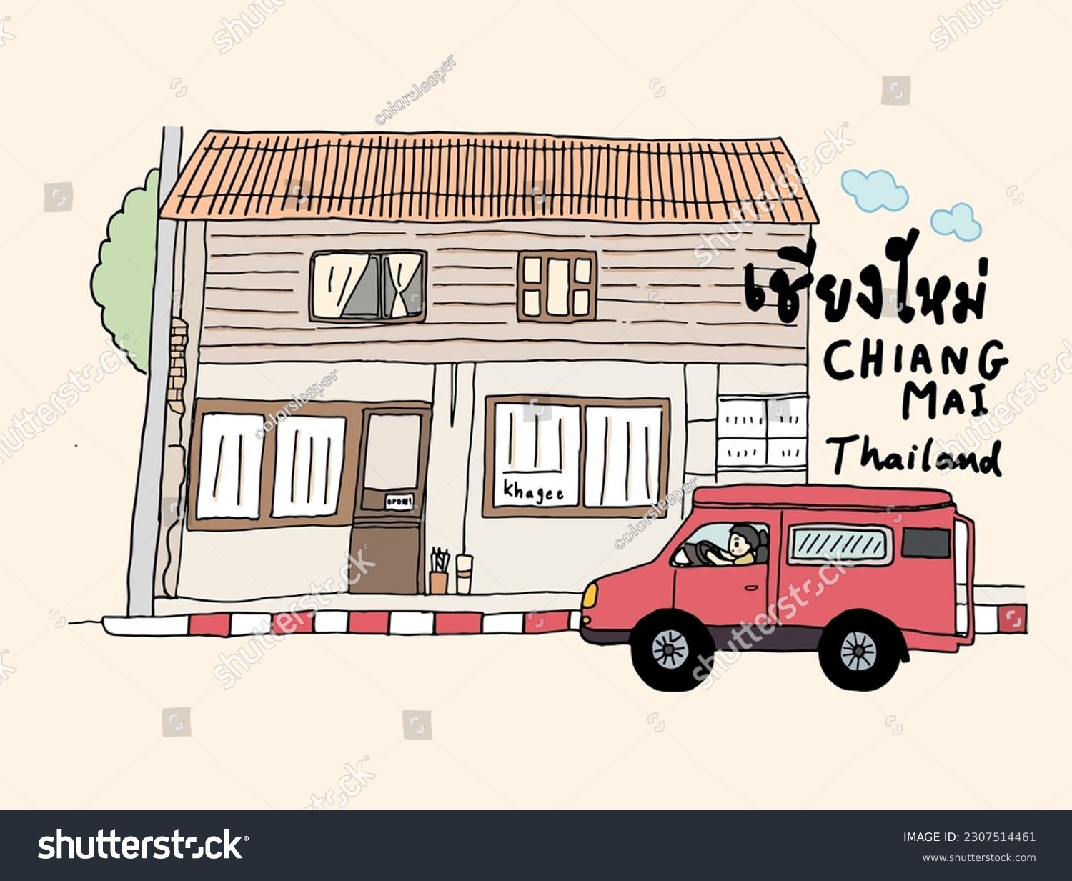 SVG of Chiang Mai red mini bus and old town, hand drawn style vector illustration svg