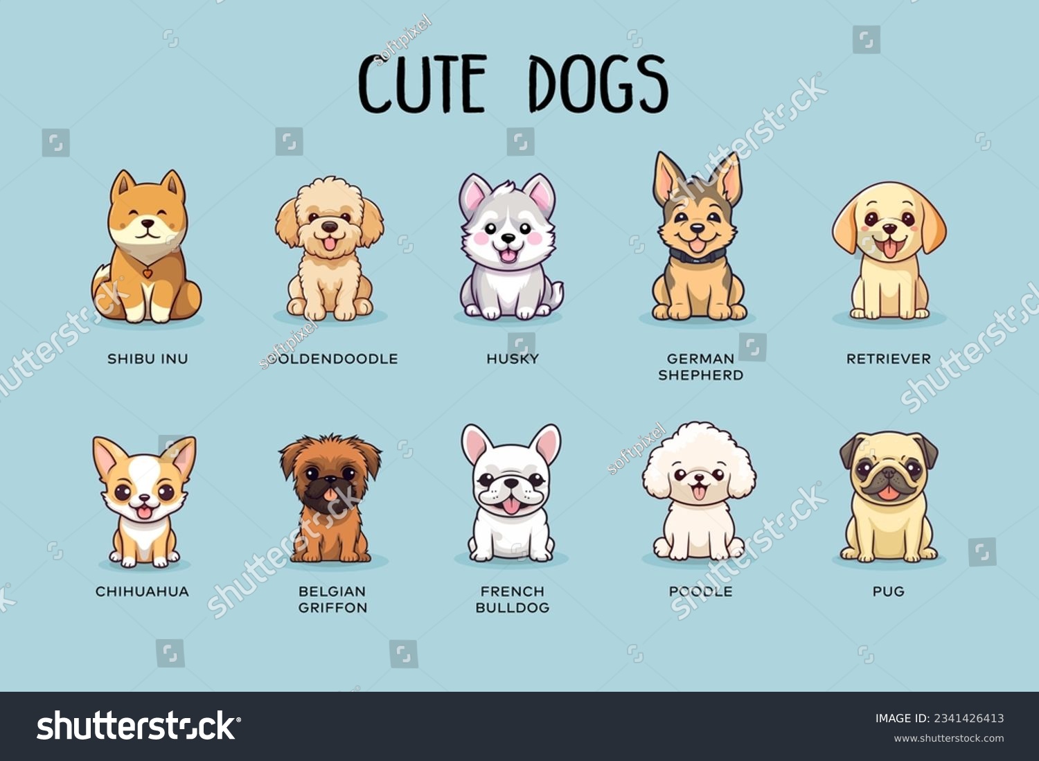SVG of chibi funny cute dogs puppy collection flat colourful illustration svg