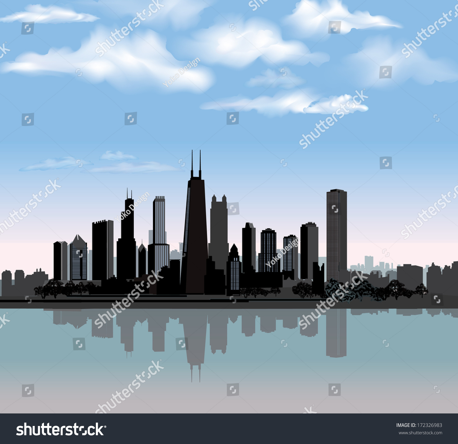 Chicago City Skyline Detailed Silhouette Reflection Stock Vector ...