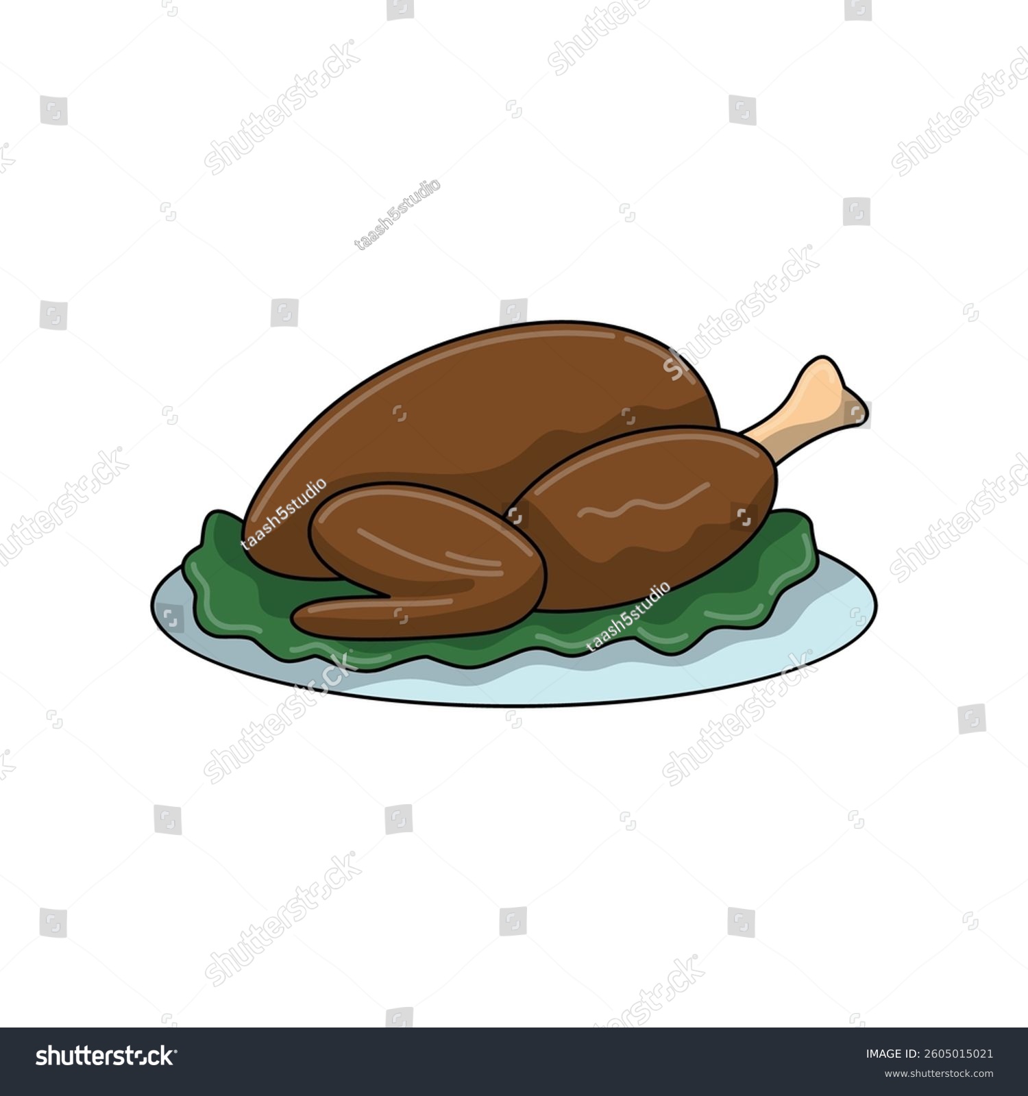 roasted turkey on plate, cartoon style clip art preview
