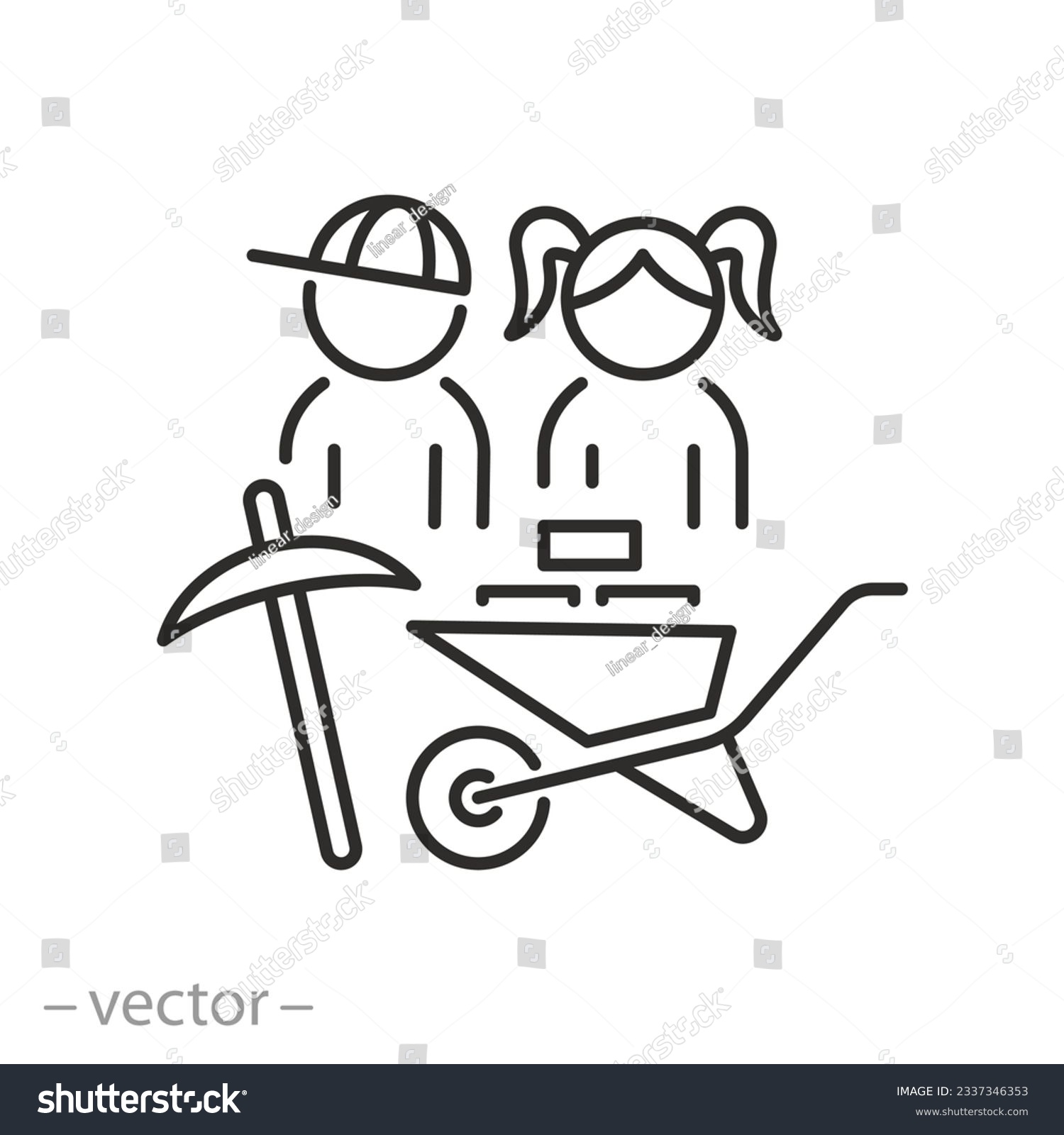 SVG of child labour icon, boy with girl and wheelbarrow cart, child abuse and exploitation, thin line symbol - editable stroke vector illustration svg