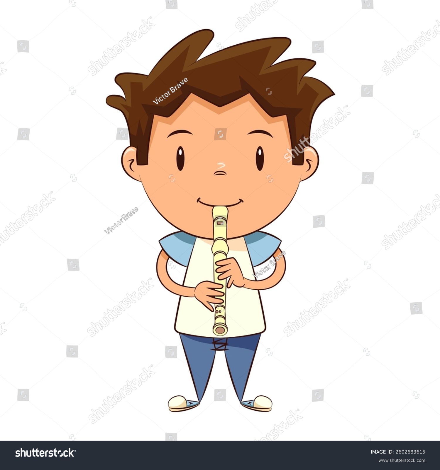 boy playing flute, cartoon style, smiling clip art preview