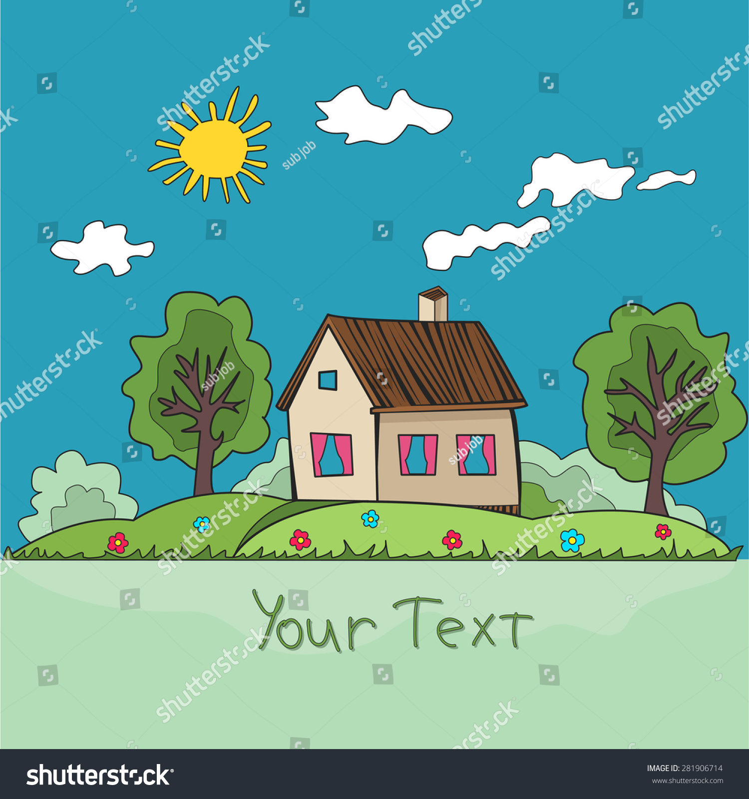 Childs Drawing Beautiful Landscape Big House Stock Vector Royalty Free