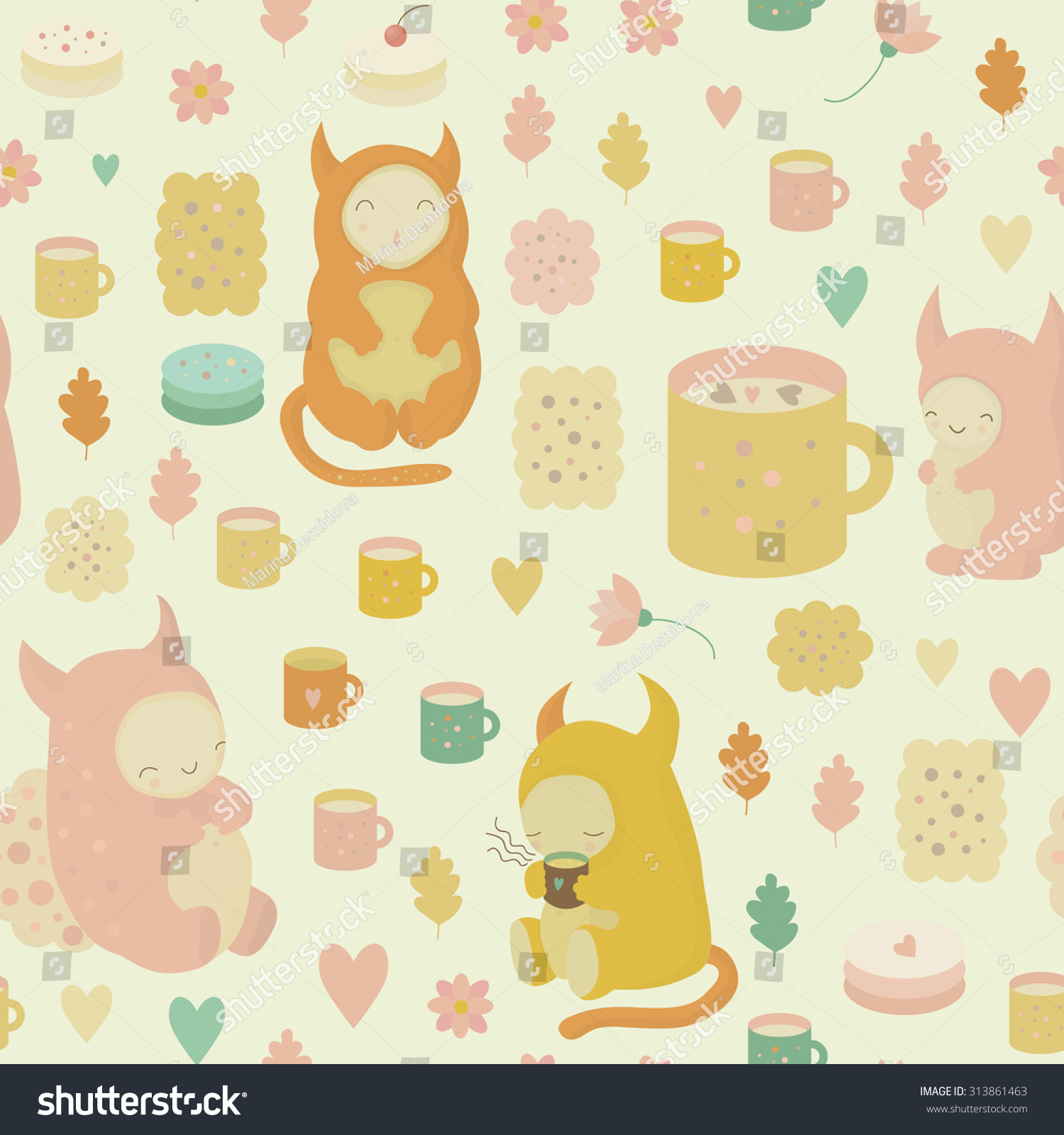 SVG of Childish dreamy seamless background with cute monsters, tea, mugs, cookies, cakes, cocoa  and flowers in vector. Seamless pattern can be used for wallpapers, textile, fabric, web backgrounds svg