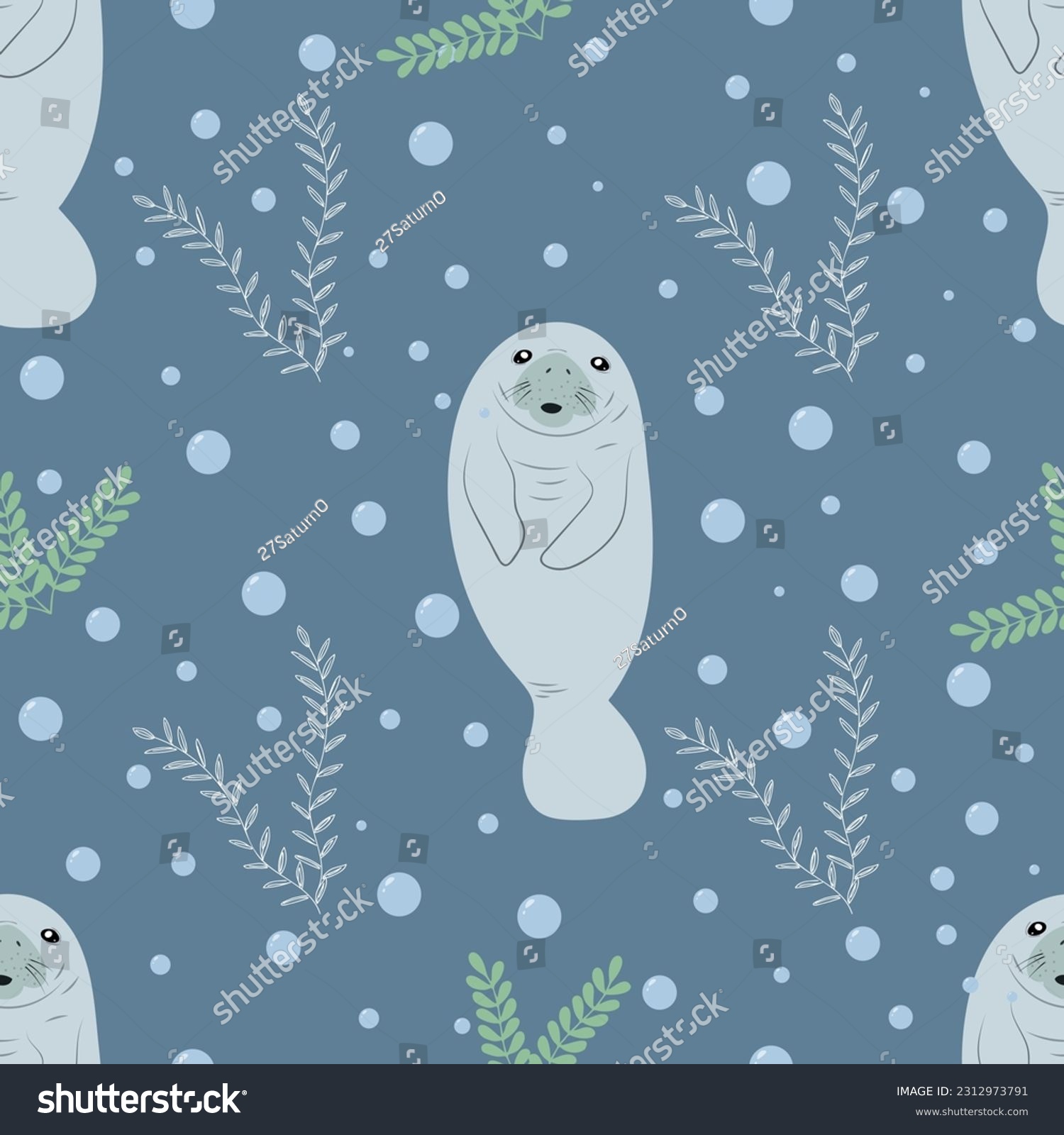 SVG of Childish seamless patter with manatee. Blue background with cartoon animal. Vector illustration for fabric, wrapping, textile, wallpaper, apparel. svg
