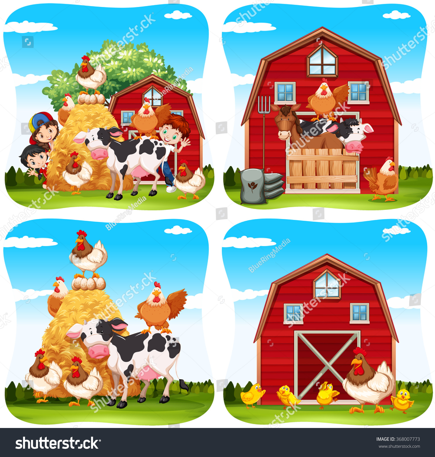 Children Farm Animals On Farm Illustration Stock Vector 368007773 ...