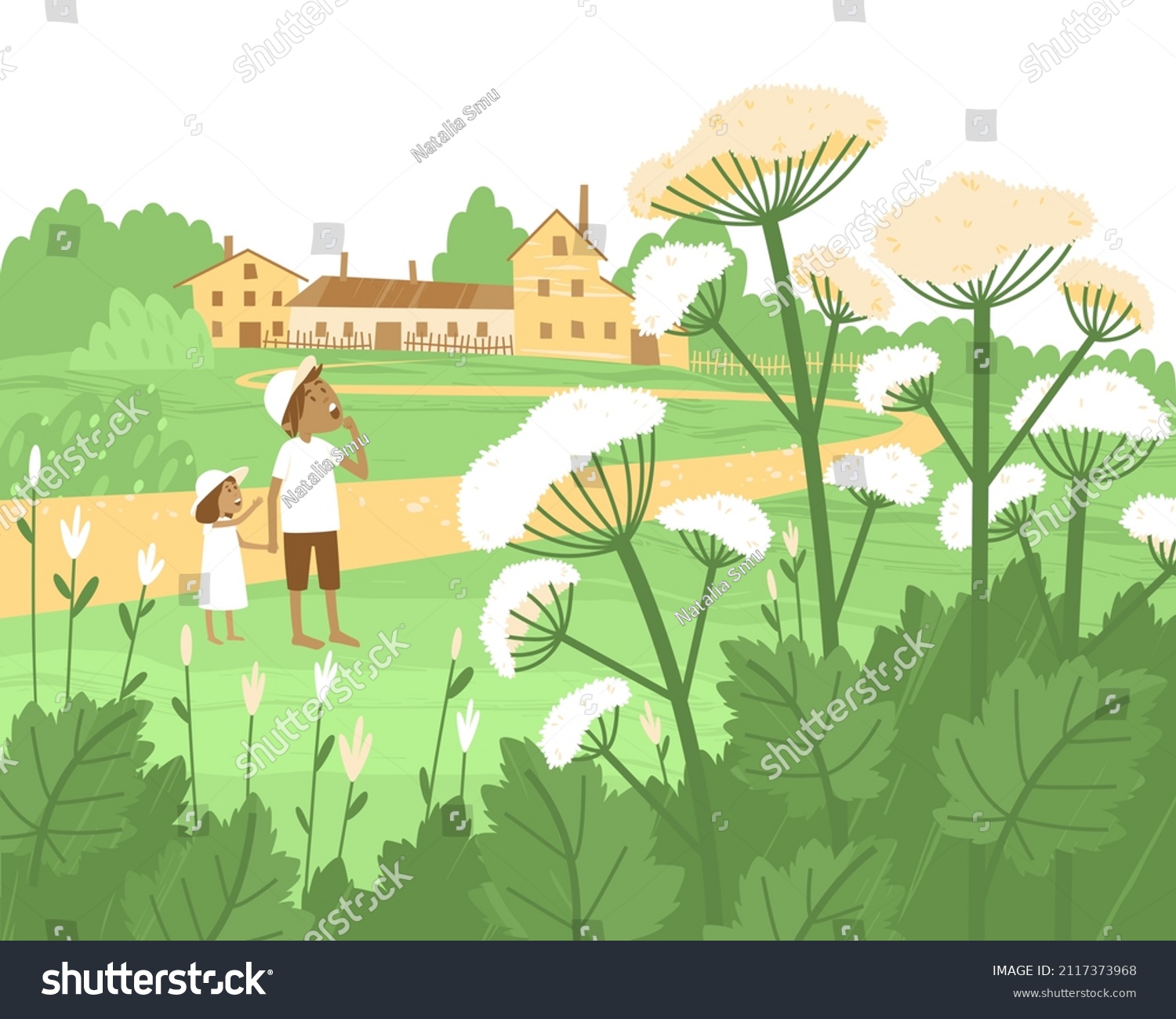 SVG of Children are considering a dangerous cow parsnip. The spread of hogweed has upset the ecological balance and has become a serious problem for people. Flat vector illustration. svg