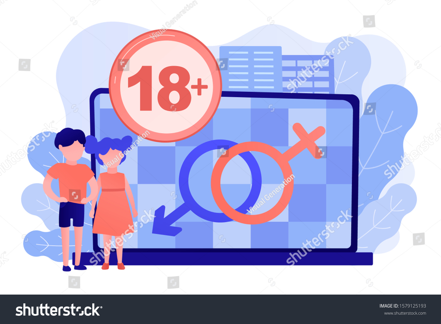 SVG of Children at laptop with adult content restriction for inappropriate video. Adult content, content notification, 18 age restriction concept. Pinkish coral blue vector isolated illustration svg