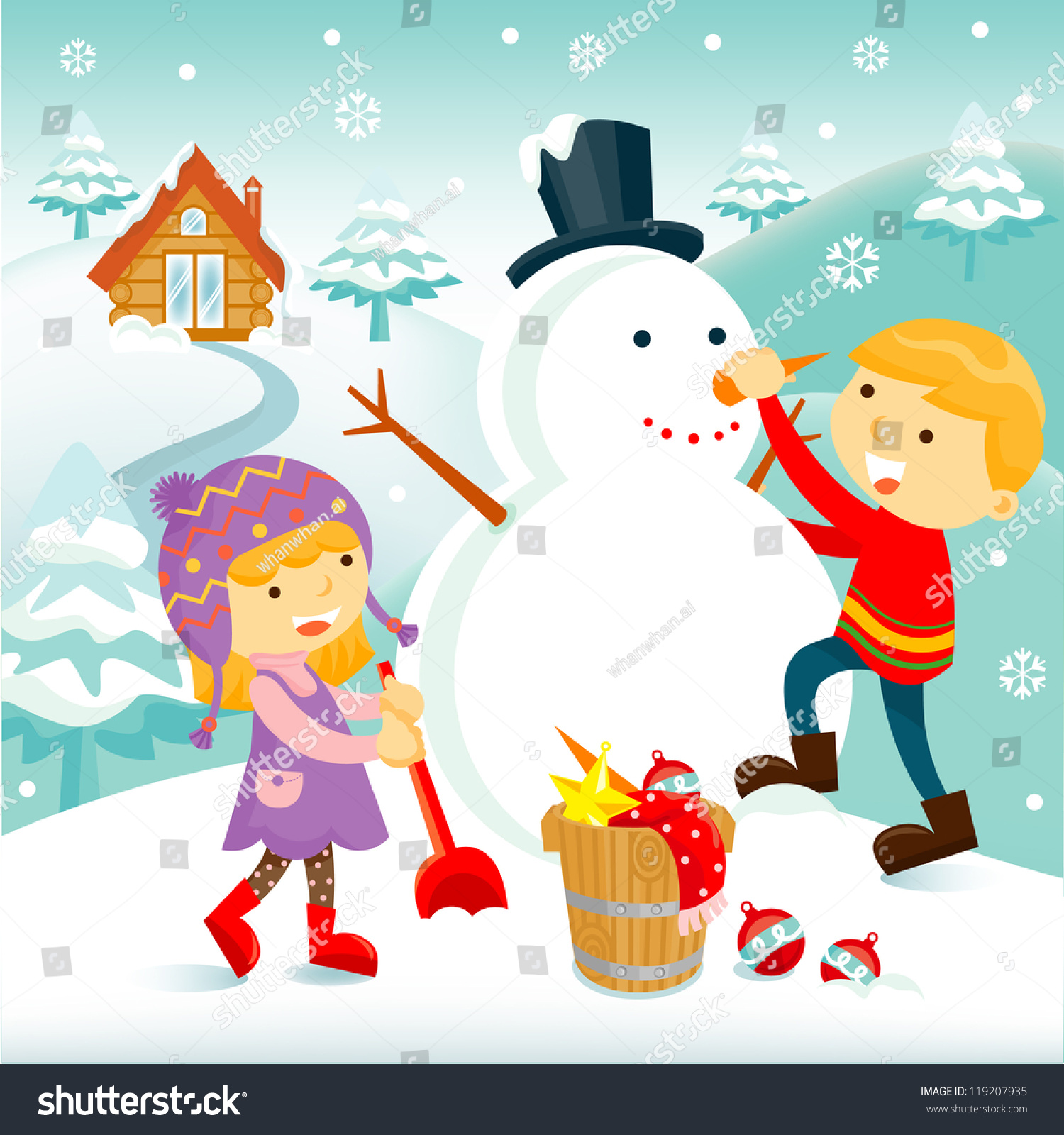 Download Children Building Snowmanvector Christmas Illustration Stock Vector Royalty Free 119207935 Yellowimages Mockups