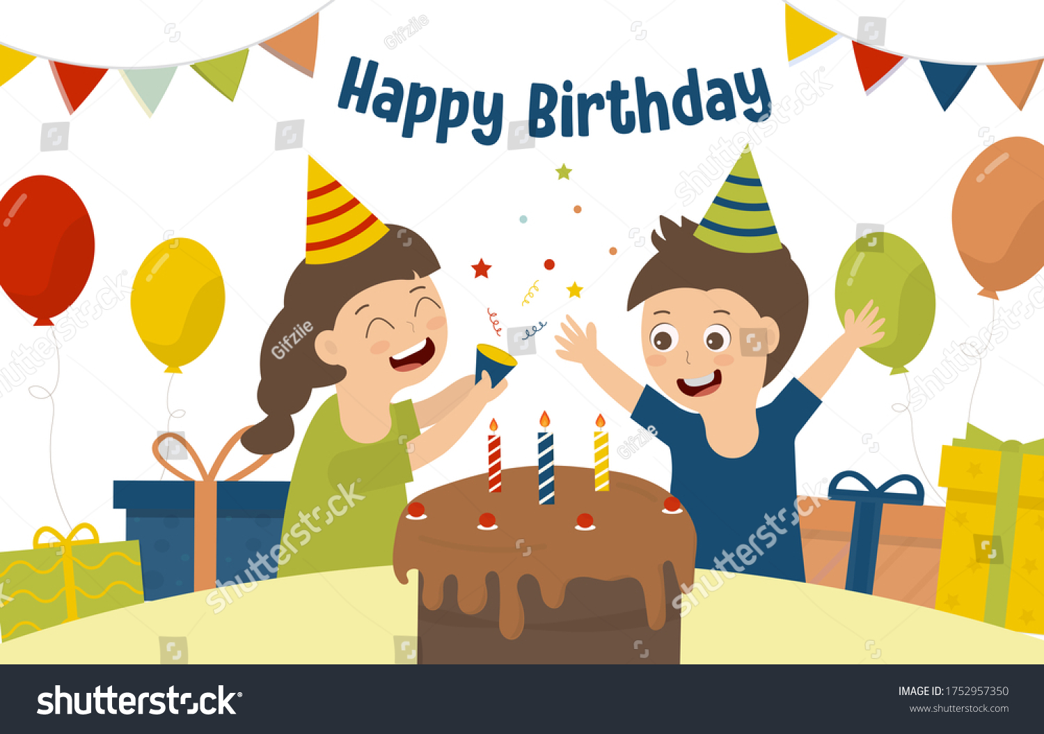 Children Celebrate Birthday Party There Cakes Stock Vector (Royalty ...